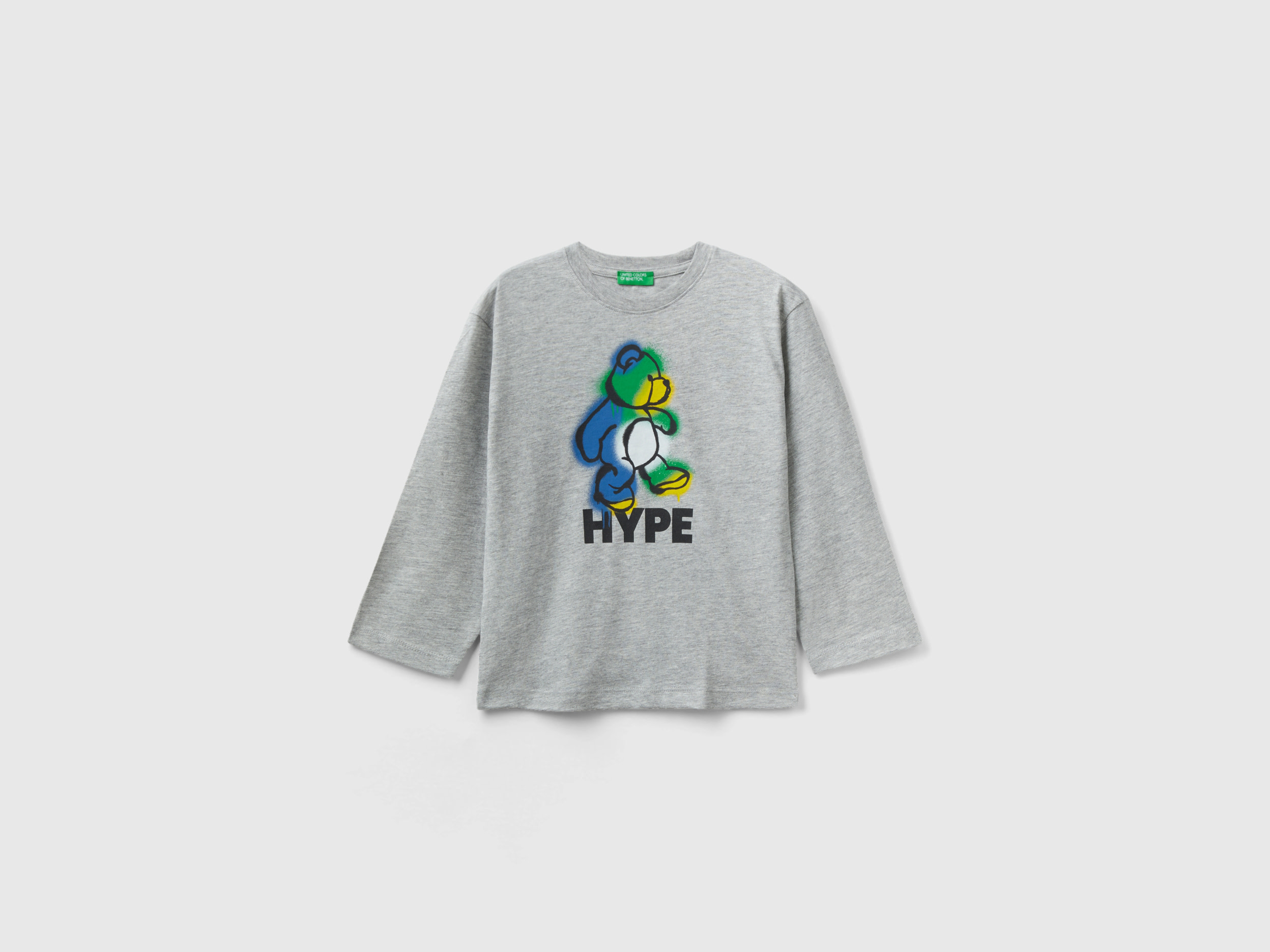 Benetton, Crew Neck T-shirt With Print, size 12-18, Light Gray, Kids