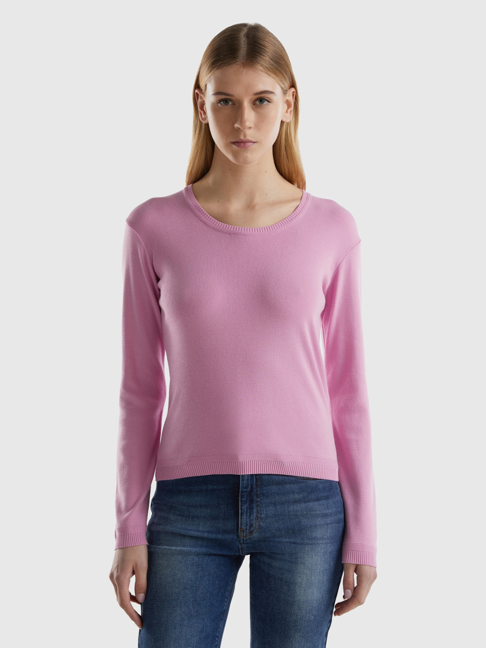 Benetton, Crew Neck Sweater In Pure Cotton, Pastel Pink, Women
