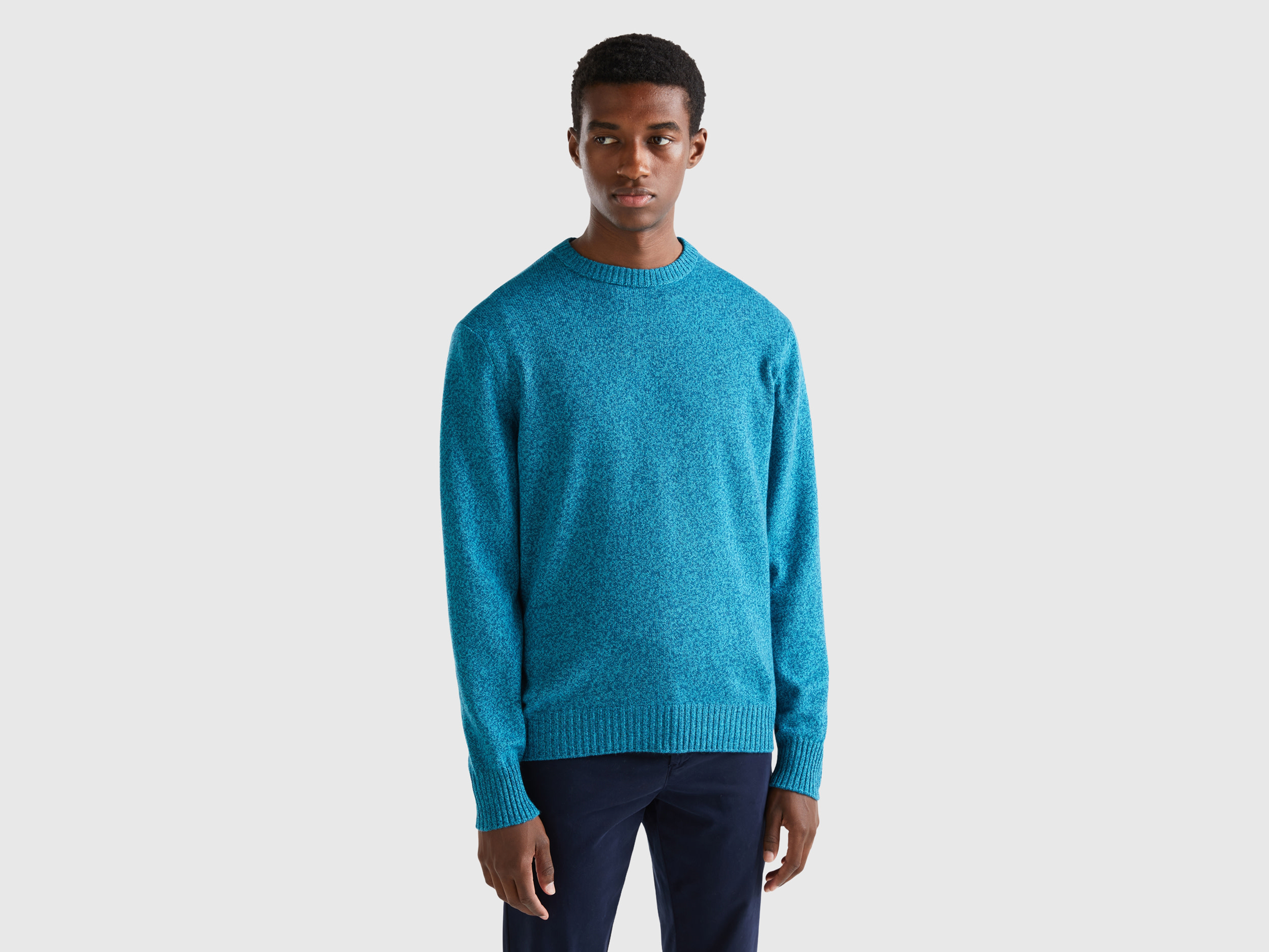 Benetton, Crew Neck Sweater In Cashmere And Wool Blend, size XXL, Blue, Men
