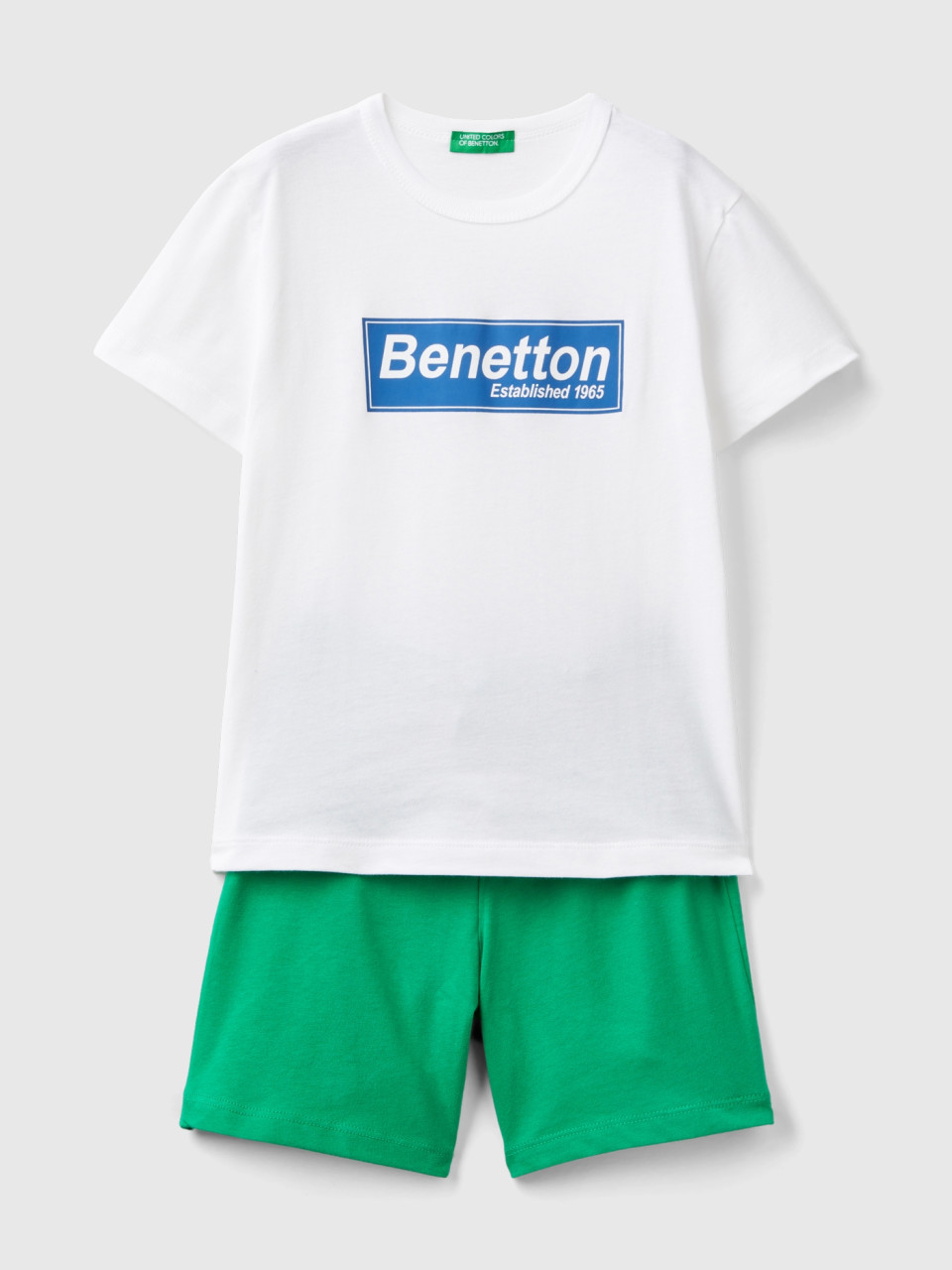 Benetton, Zweiteiler T-shirt Und Bermuda Aus 100% Baumwolle, Weiss, male
