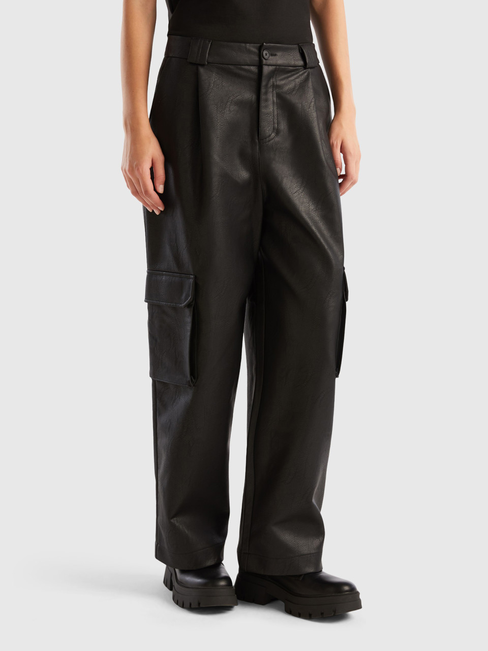 Benetton, Cargo Trousers In Imitation Leather Fabric, Black, Women
