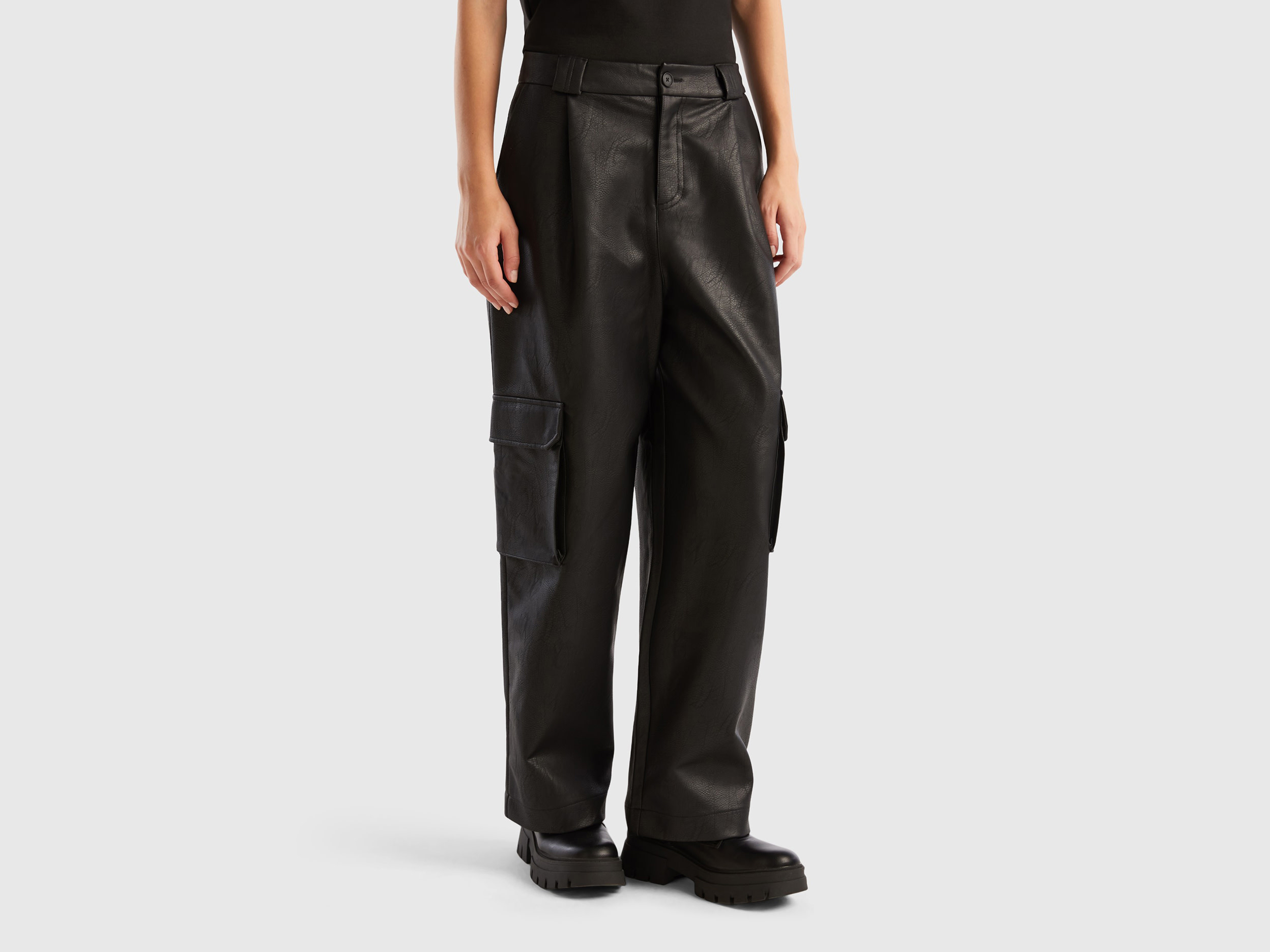 Benetton, Cargo Trousers In Imitation Leather Fabric, size 10, Black, Women
