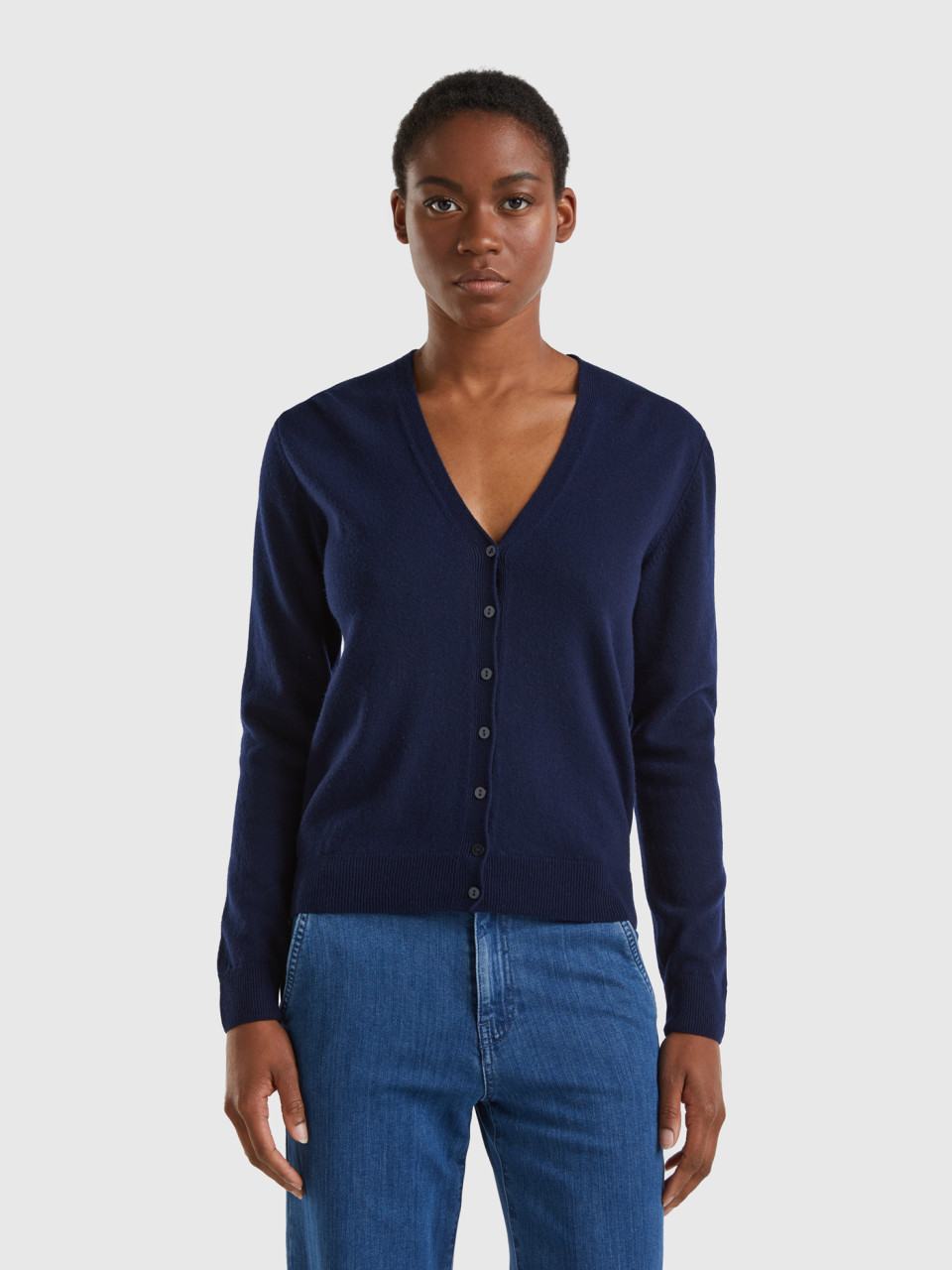 Benetton, Dark Blue V-neck Cardigan In Pure Merino Wool, Dark Blue, Women