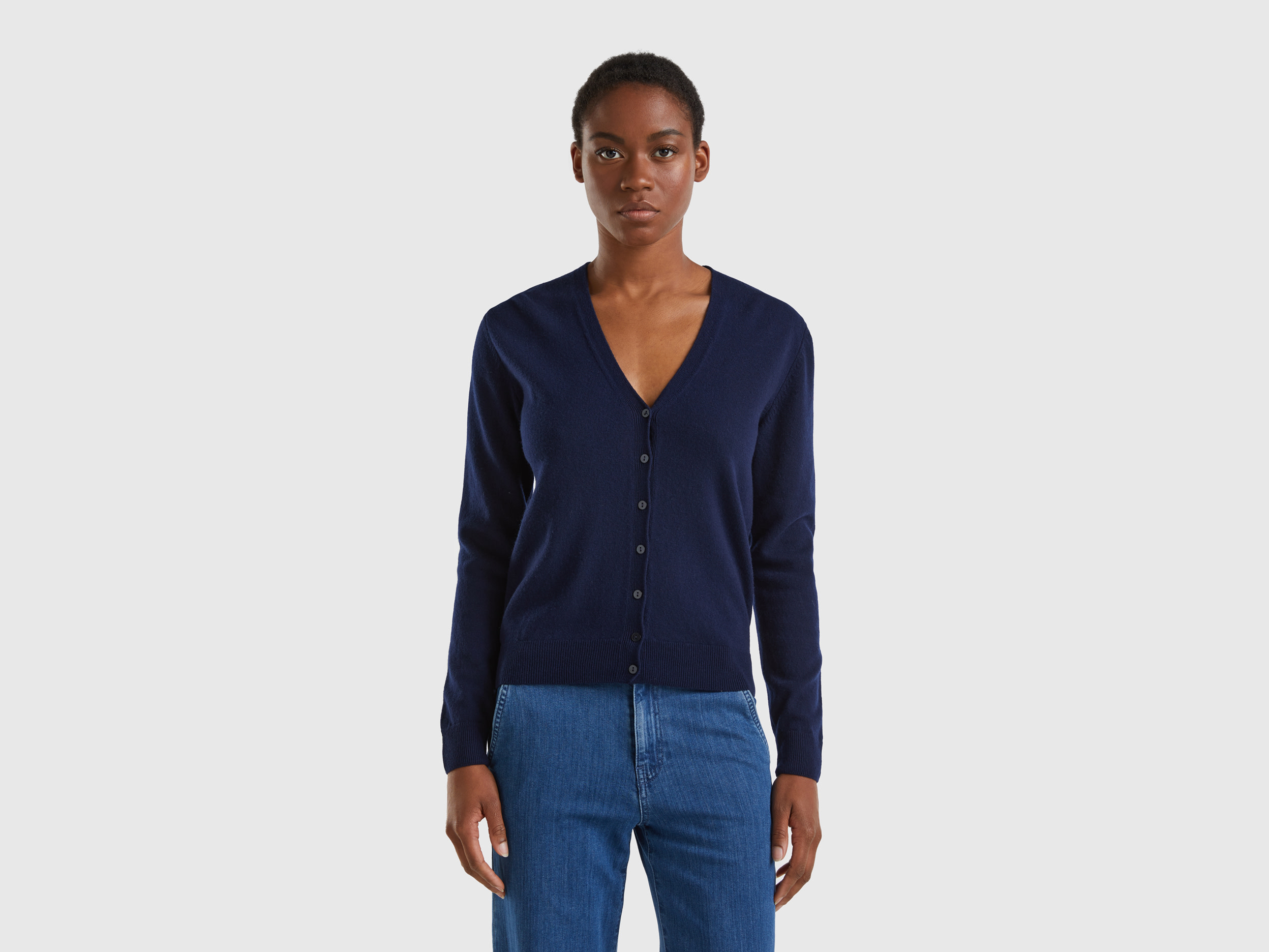 Benetton, Dark Blue V-neck Cardigan In Pure Merino Wool, size M, Dark Blue, Women