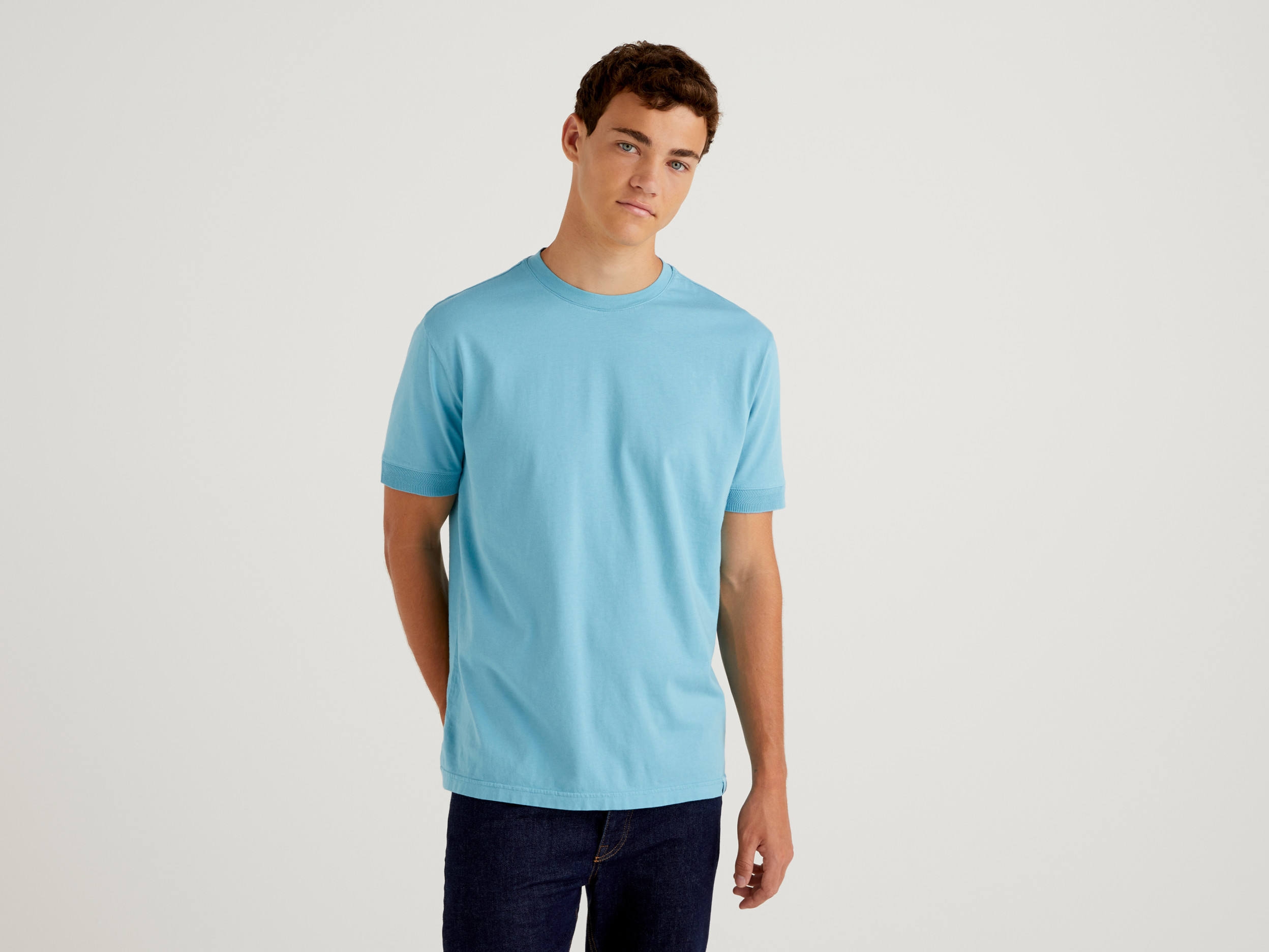 Benetton, T-shirt En 100 % Coton Bio, taille XXL, Bleu Horizon, Homme