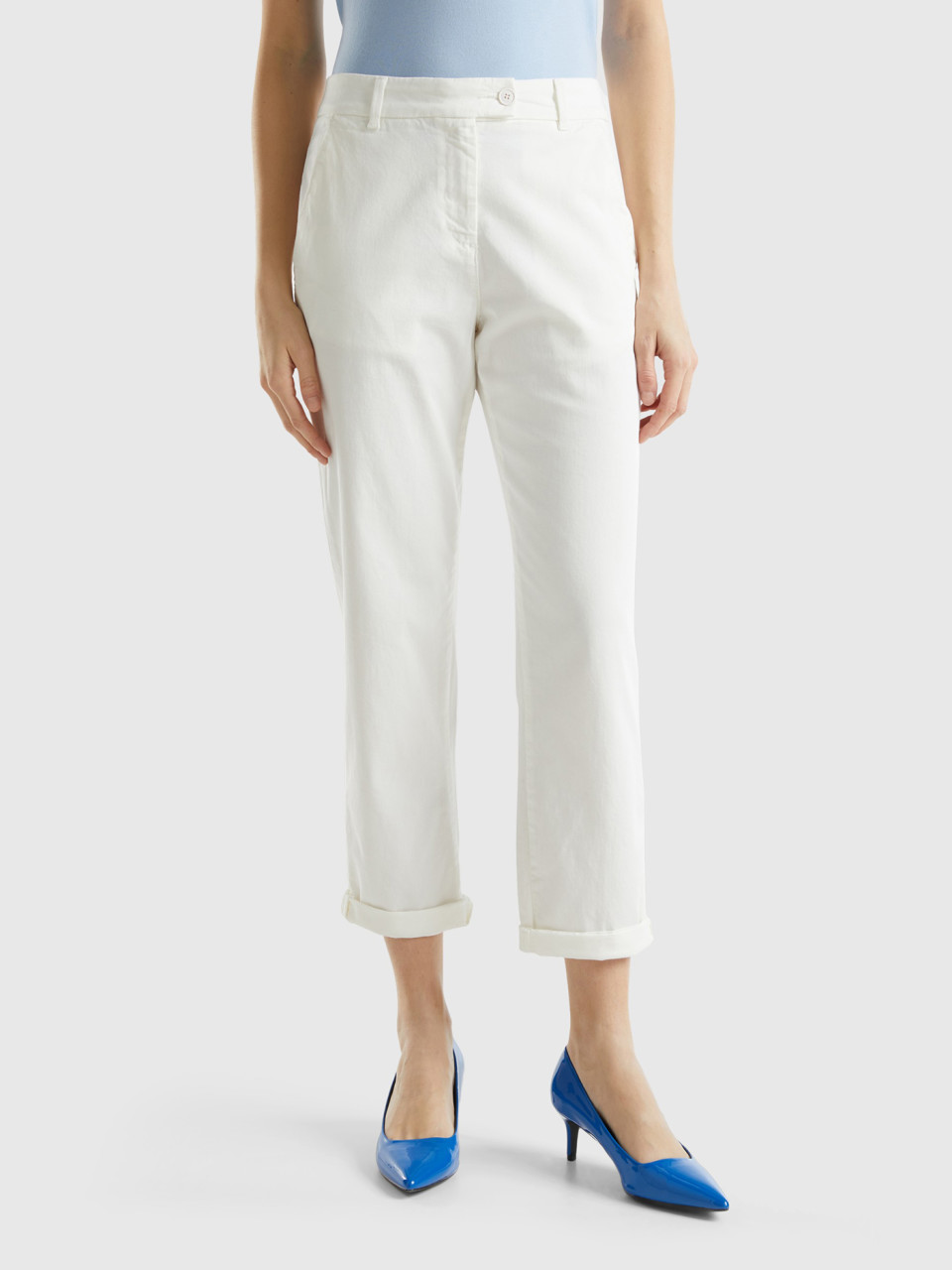 Benetton, Pantalones Chinos De Algodón Elástico, Blanco Crema, Mujer
