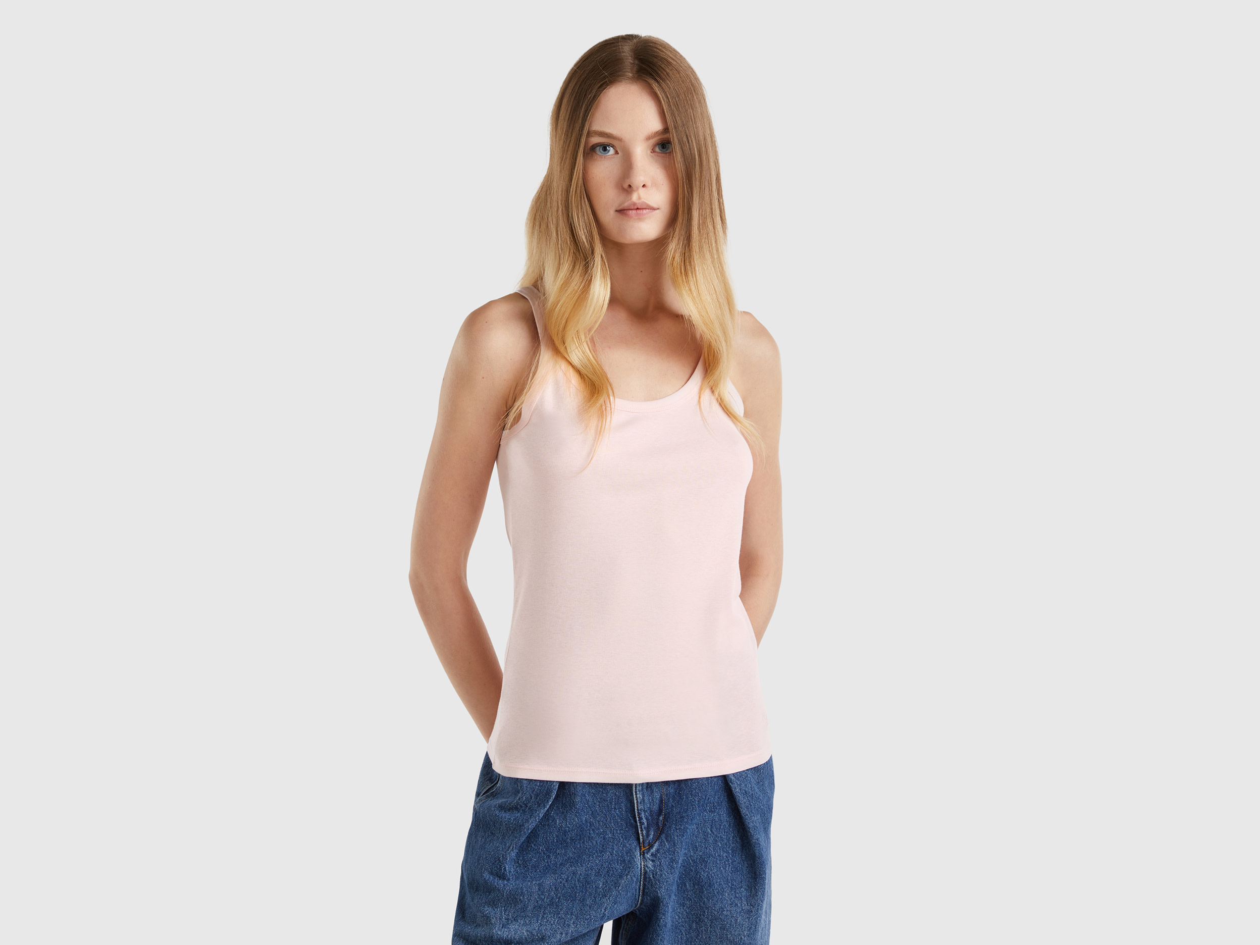 Benetton, Canotta Rosa Pastello In Puro Cotone, Rosa Pastello, Donna