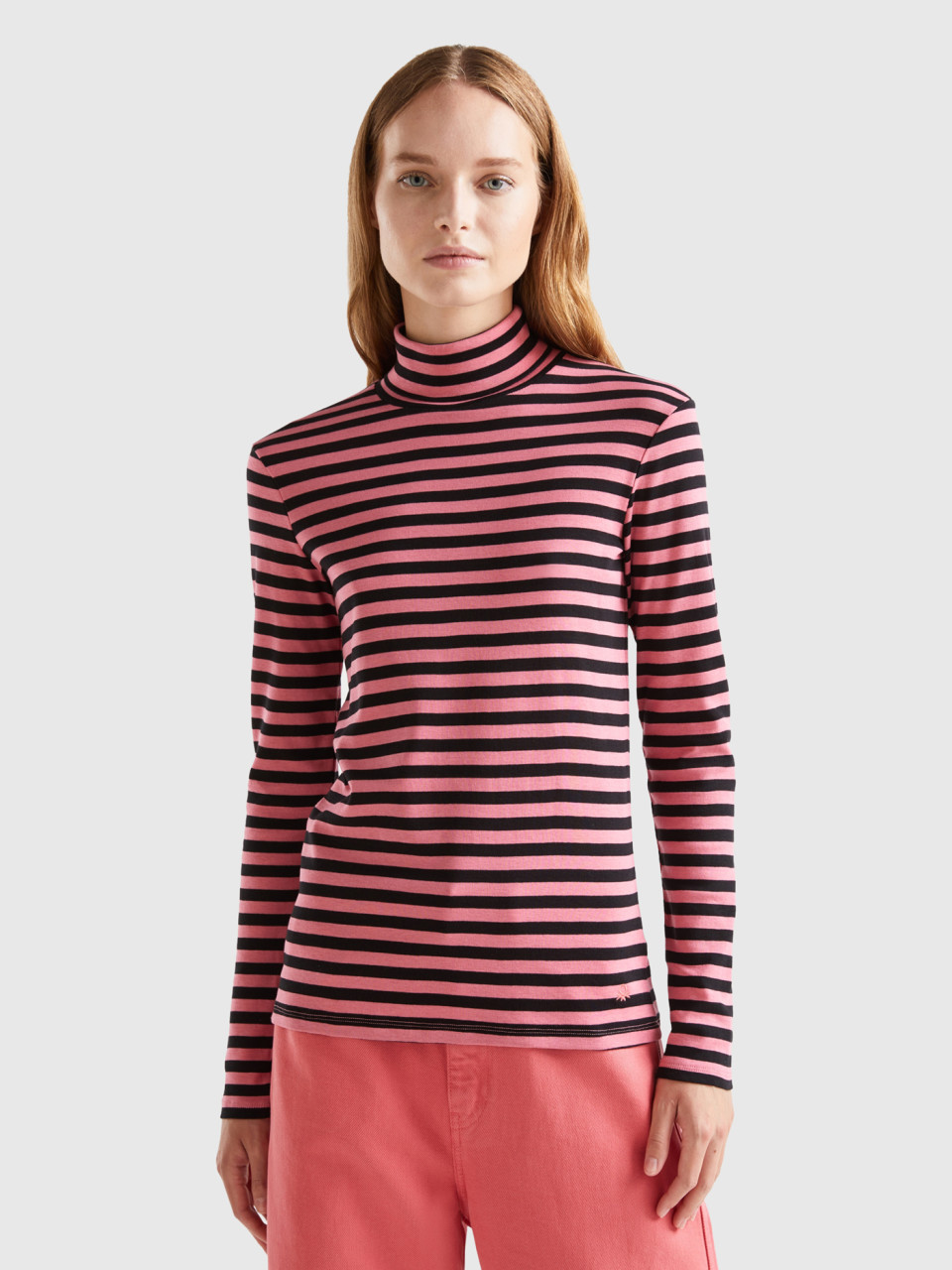 Benetton, Striped Turtleneck T-shirt, Pink, Women