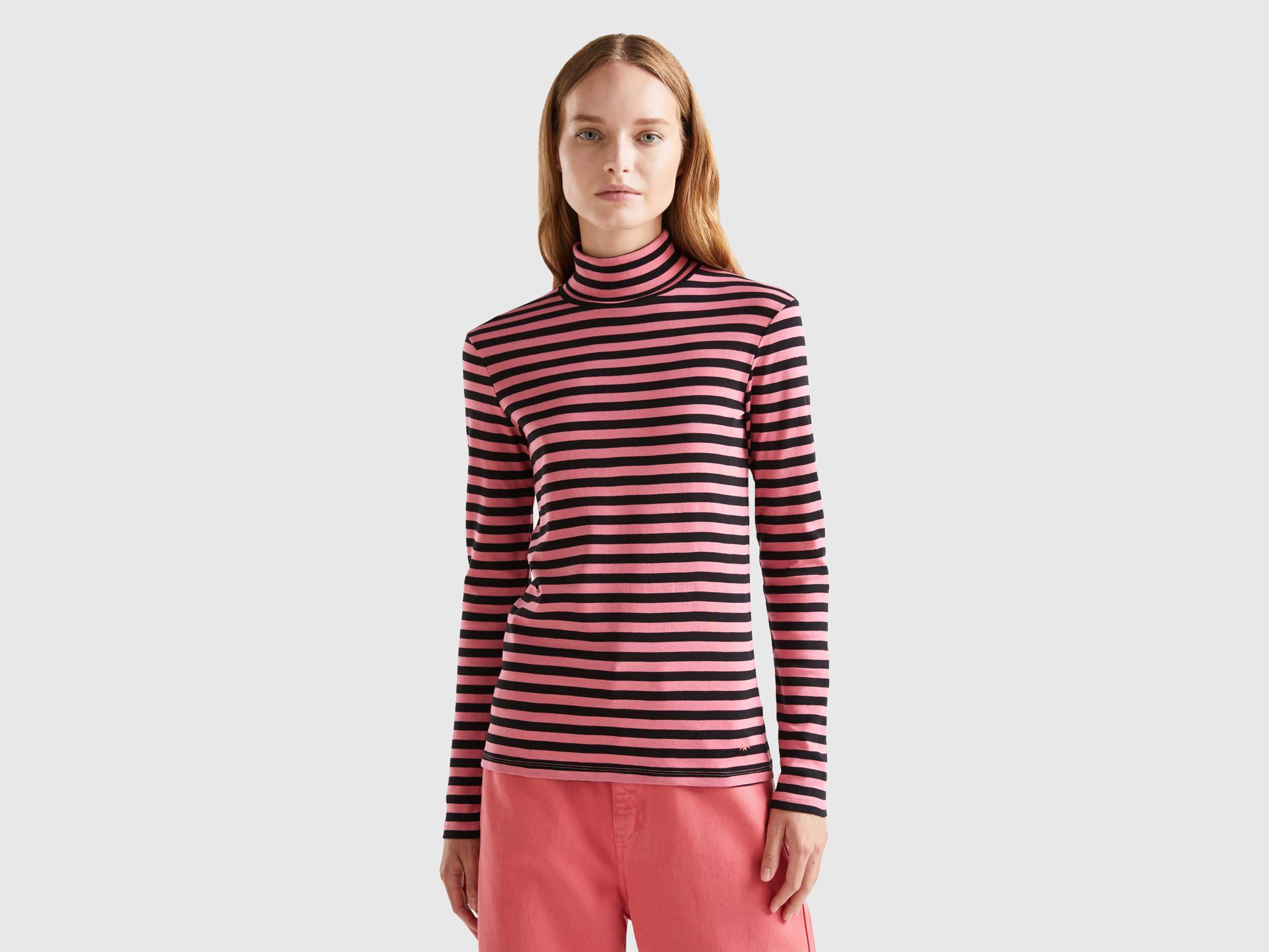 Benetton, Striped Turtleneck T-shirt, size XS, Pink, Women