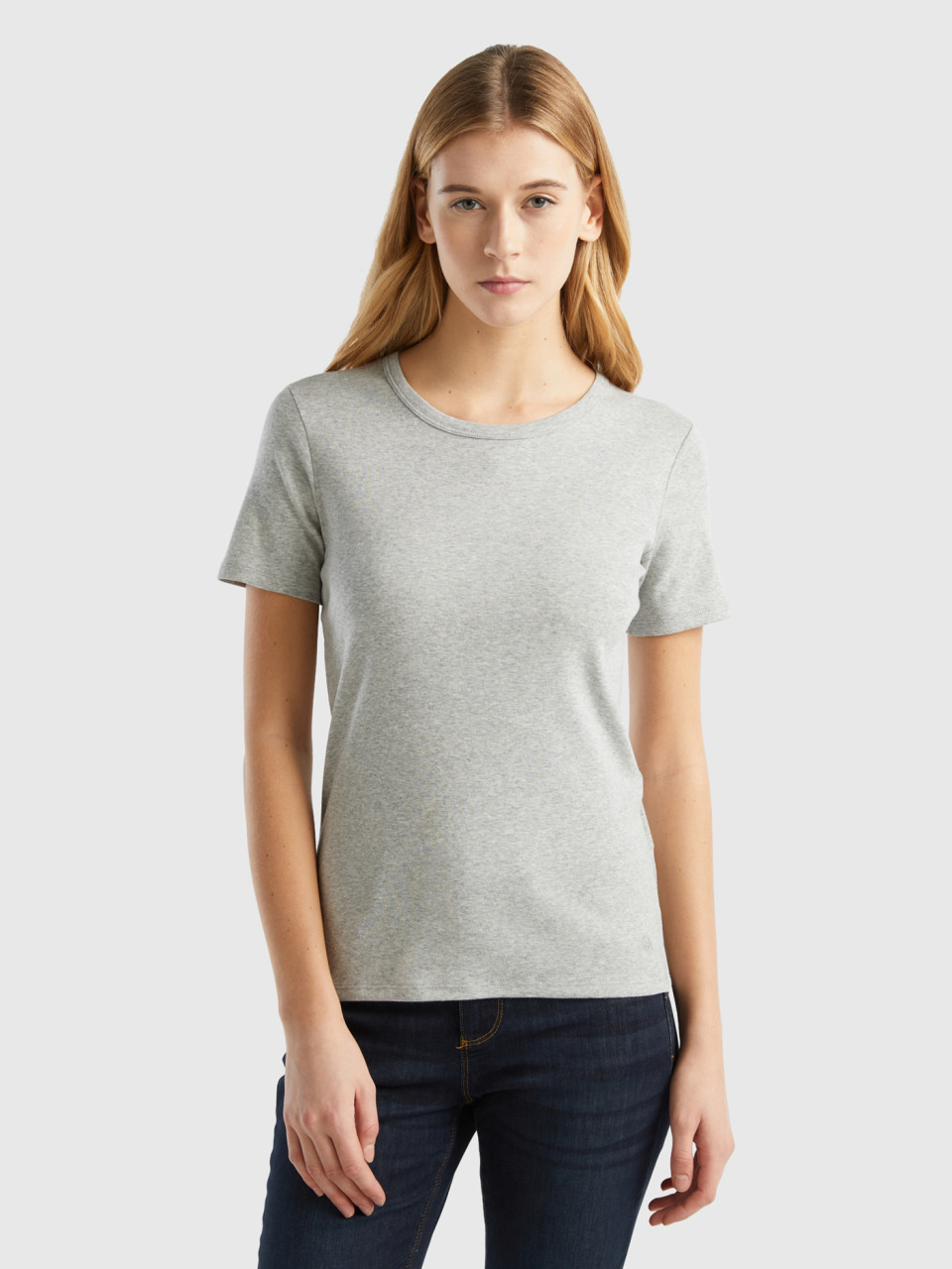 Benetton, T-shirt En Coton Longues Fibres, Gris Clair, Femme