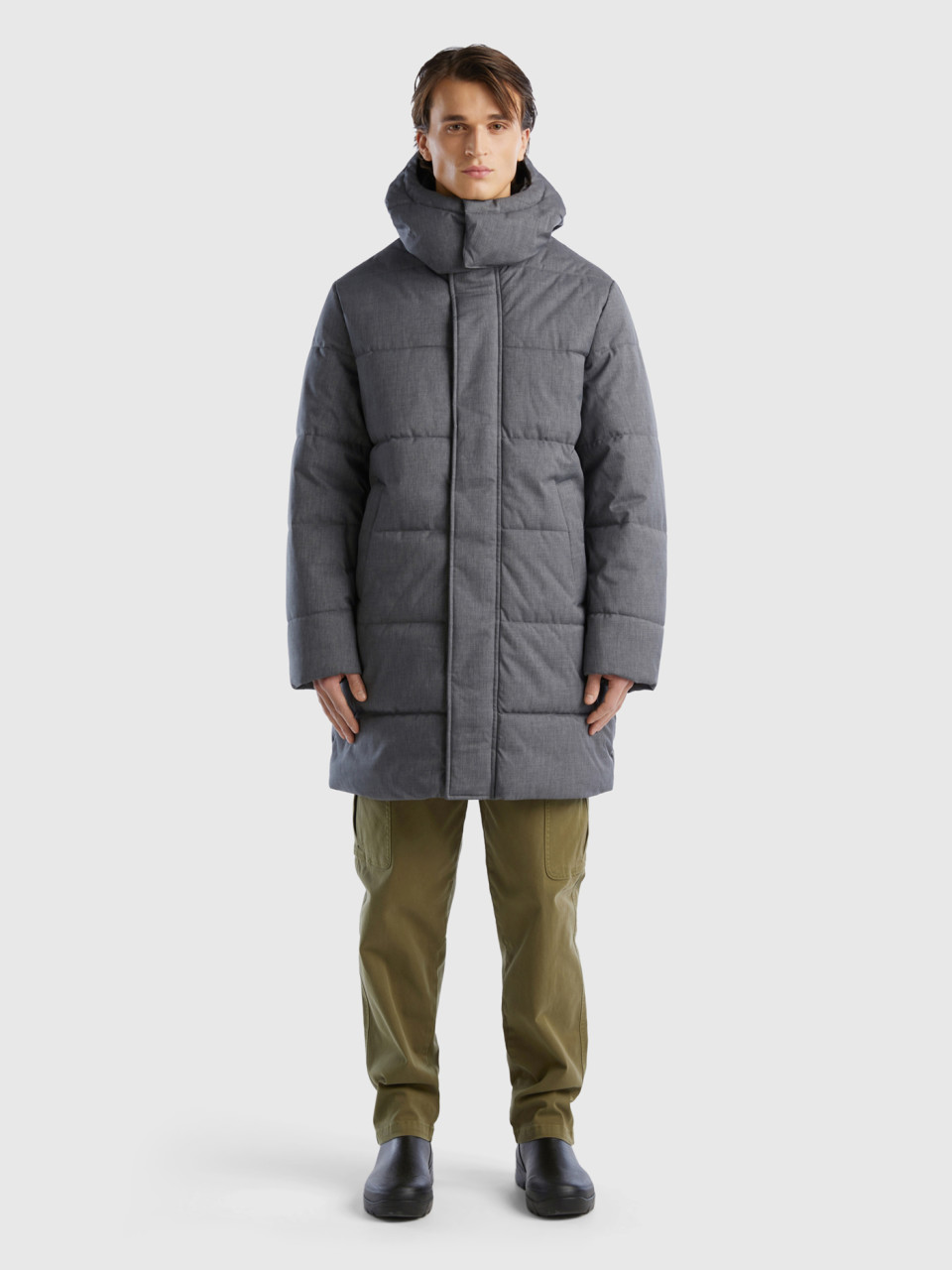 Benetton, Long Padded Jacket With Removable Hood, Gray, Men
