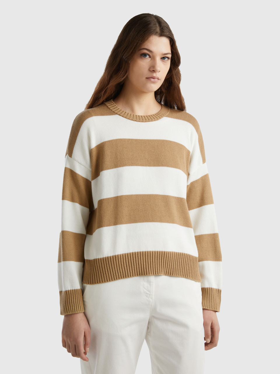 Benetton, Striped Sweater In Tricot Cotton, Camel, Women