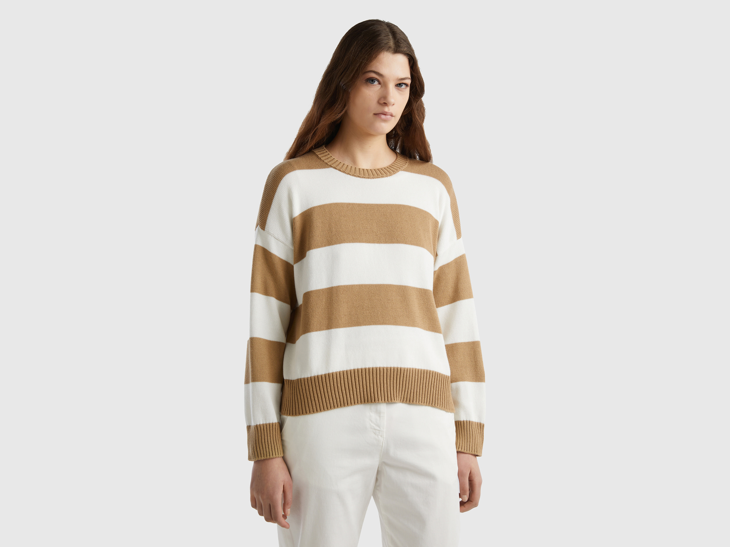 Benetton, Maglia A Righe In Cotone Tricot, Cammello, Donna