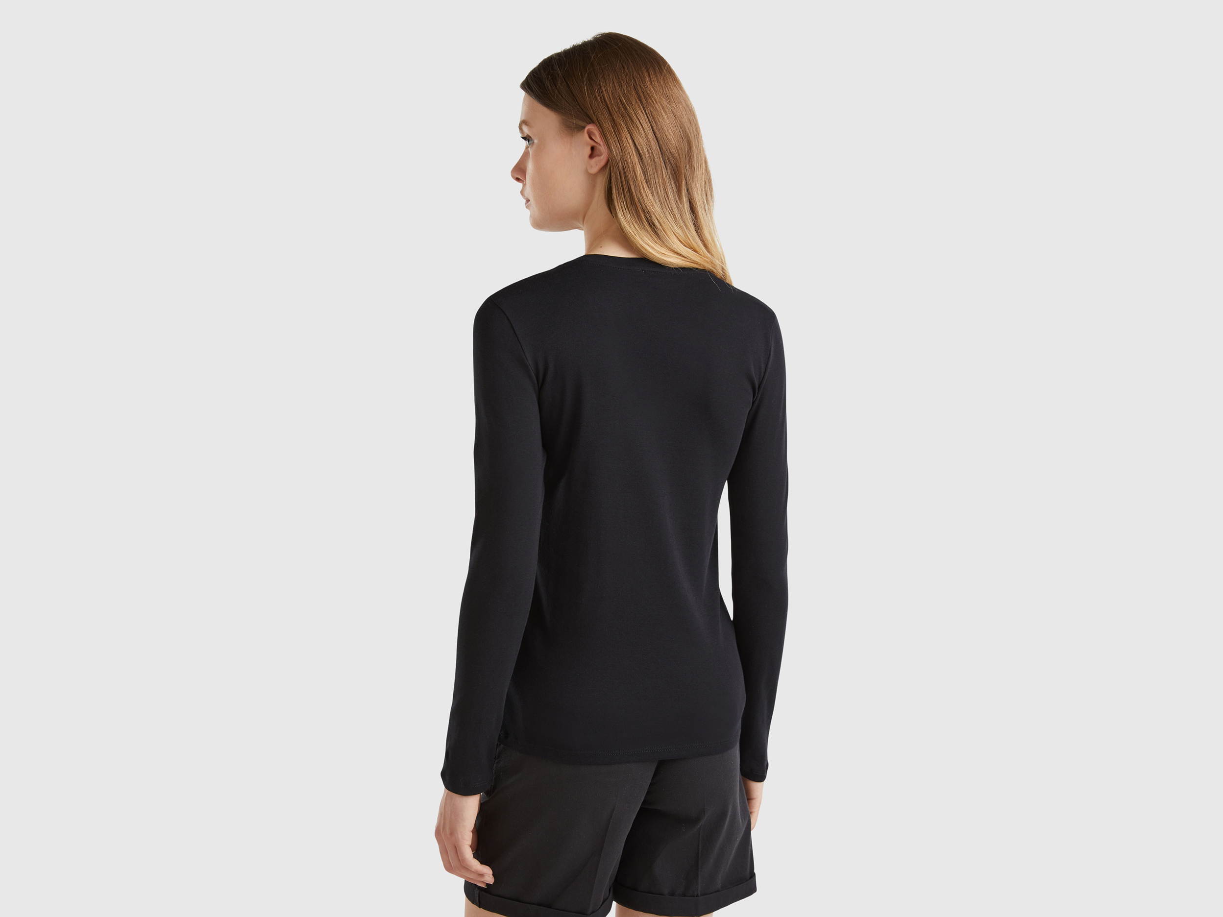 Benetton, T-shirt Μακρυμάνικο Με V Λαιμόκοψη, size S, Μαυρο, Γυναικεία φωτογραφία
