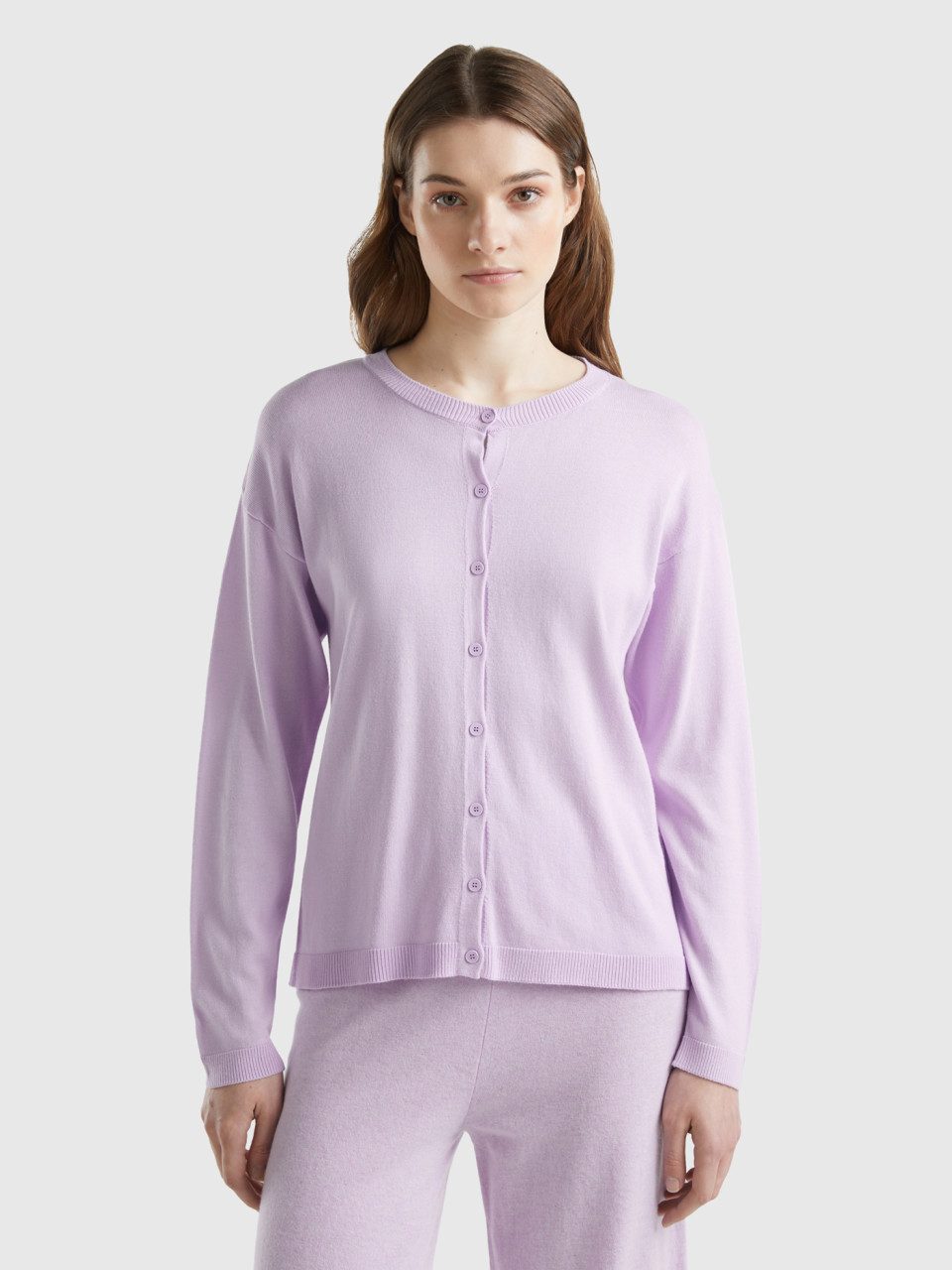 Benetton, Crew Neck Cardigan With Buttons, Lilac, Women