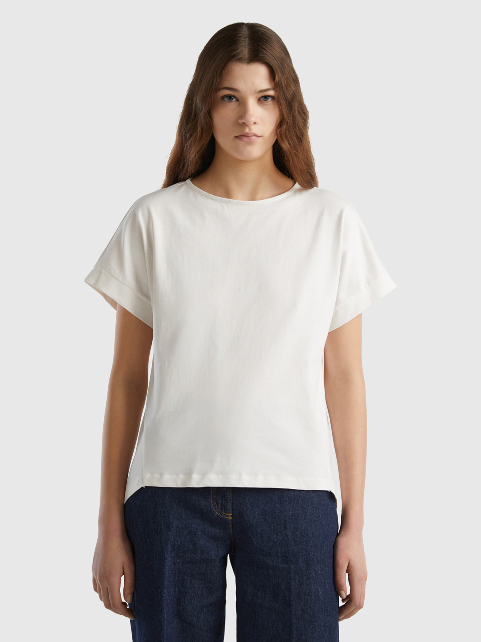 Benetton, T-shirt À Manches Kimono, Blanc, Femme