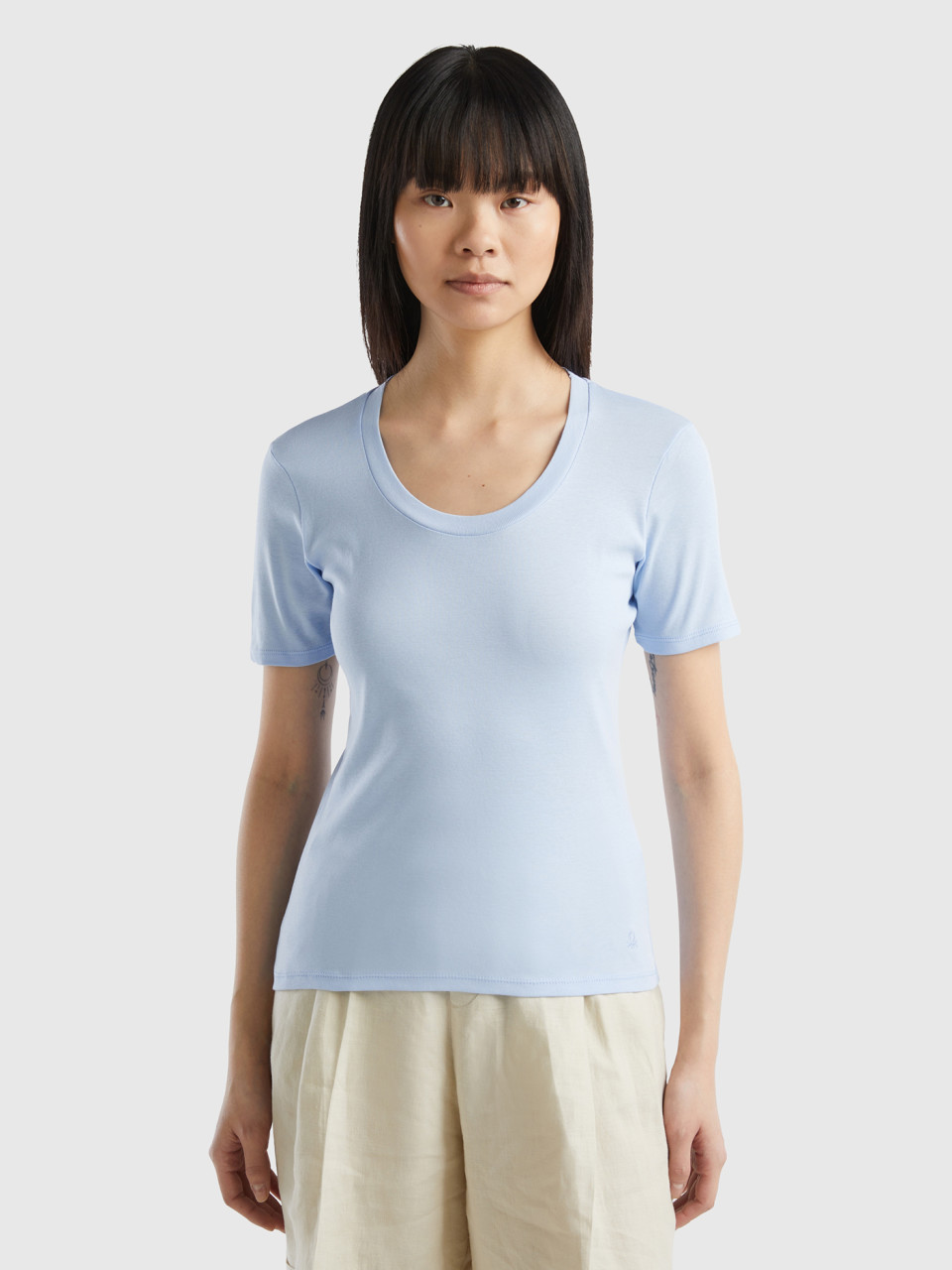 Benetton, T-shirt À Manches Courtes En Coton À Fibre Longue, Bleu Ciel, Femme