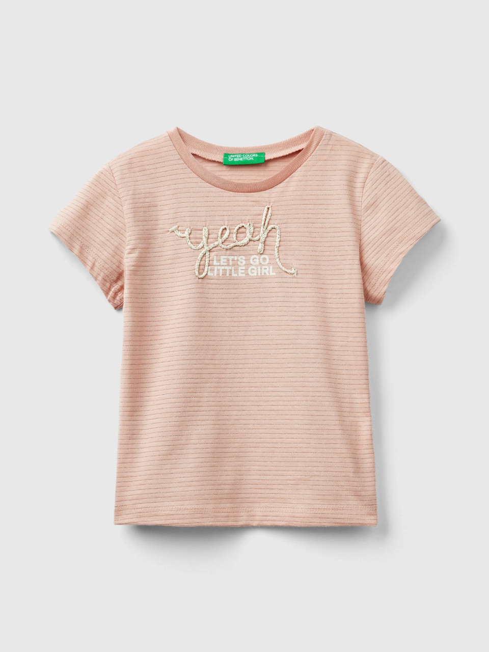 Benetton, T-shirt With Cord Embroidery, Pastel Pink, Kids