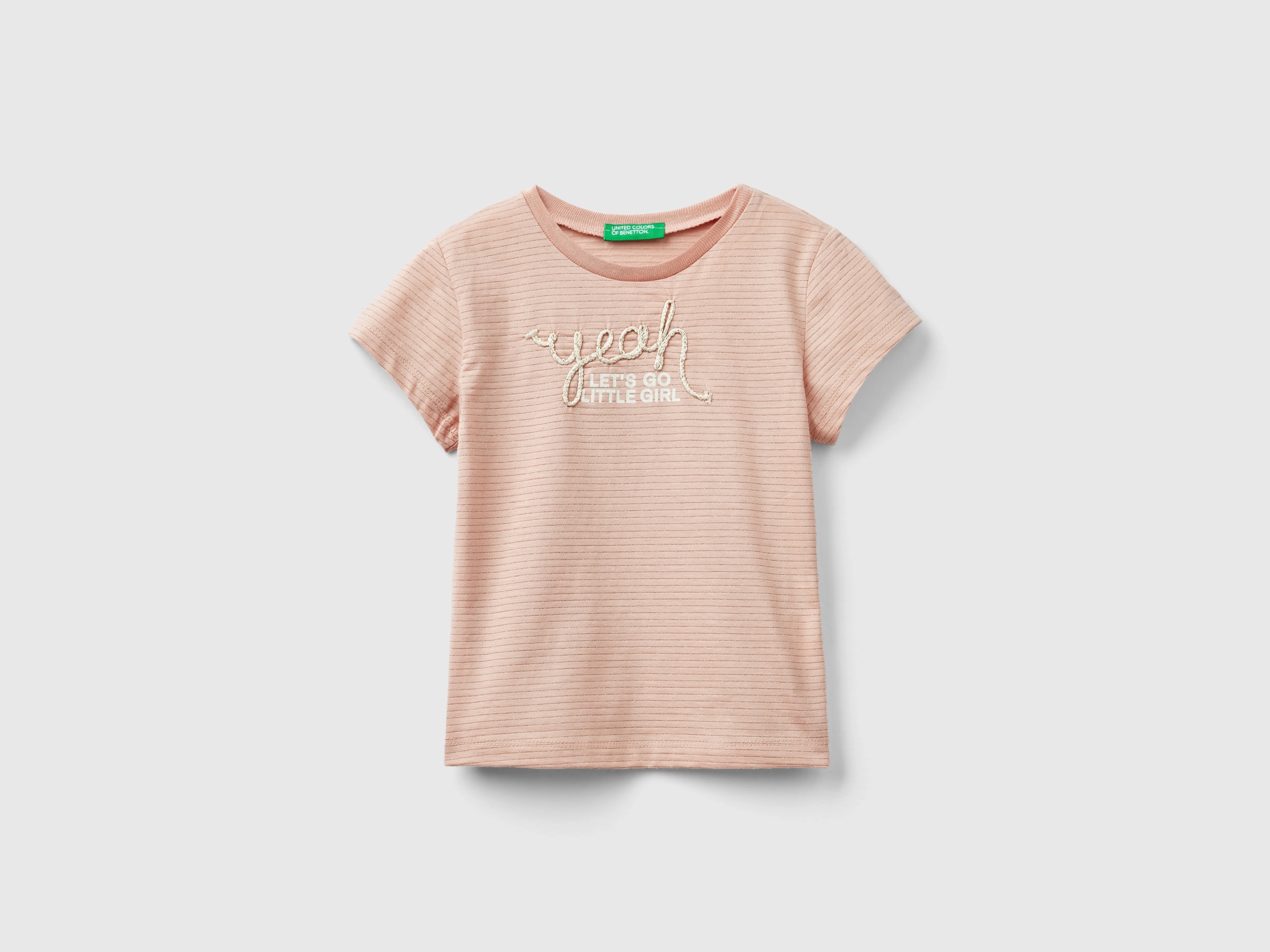 Benetton, T-shirt Con Ricamo In Corda, Rosa Pastello, Bambini