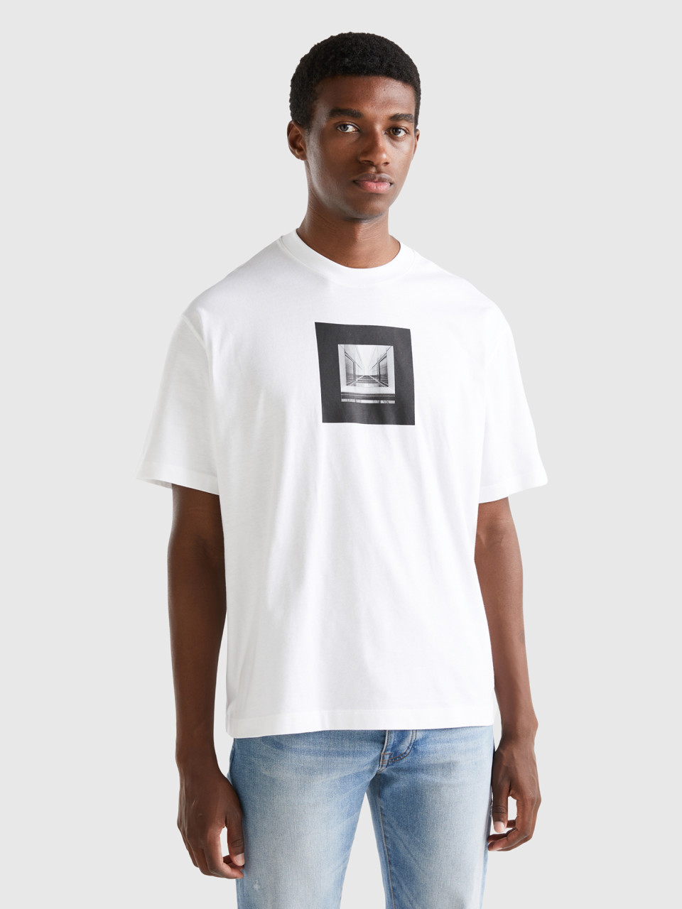 Benetton, Boxy Fit T-shirt With Print, White, Men