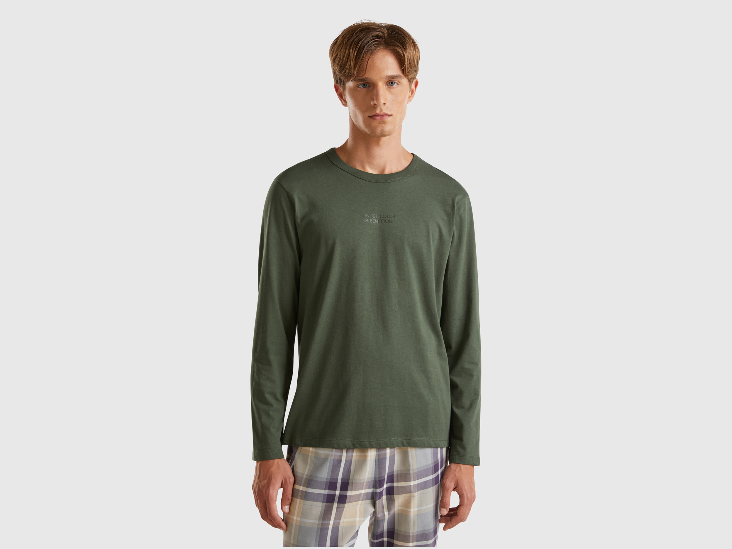 Benetton, Maglia Manica Lunga 100% Cotone, Verde Militare, Uomo
