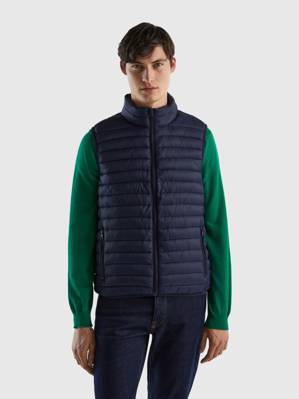 Benetton, Sleeveless Puffer Jacket With Recycled Wadding, Dark Blue, Men
