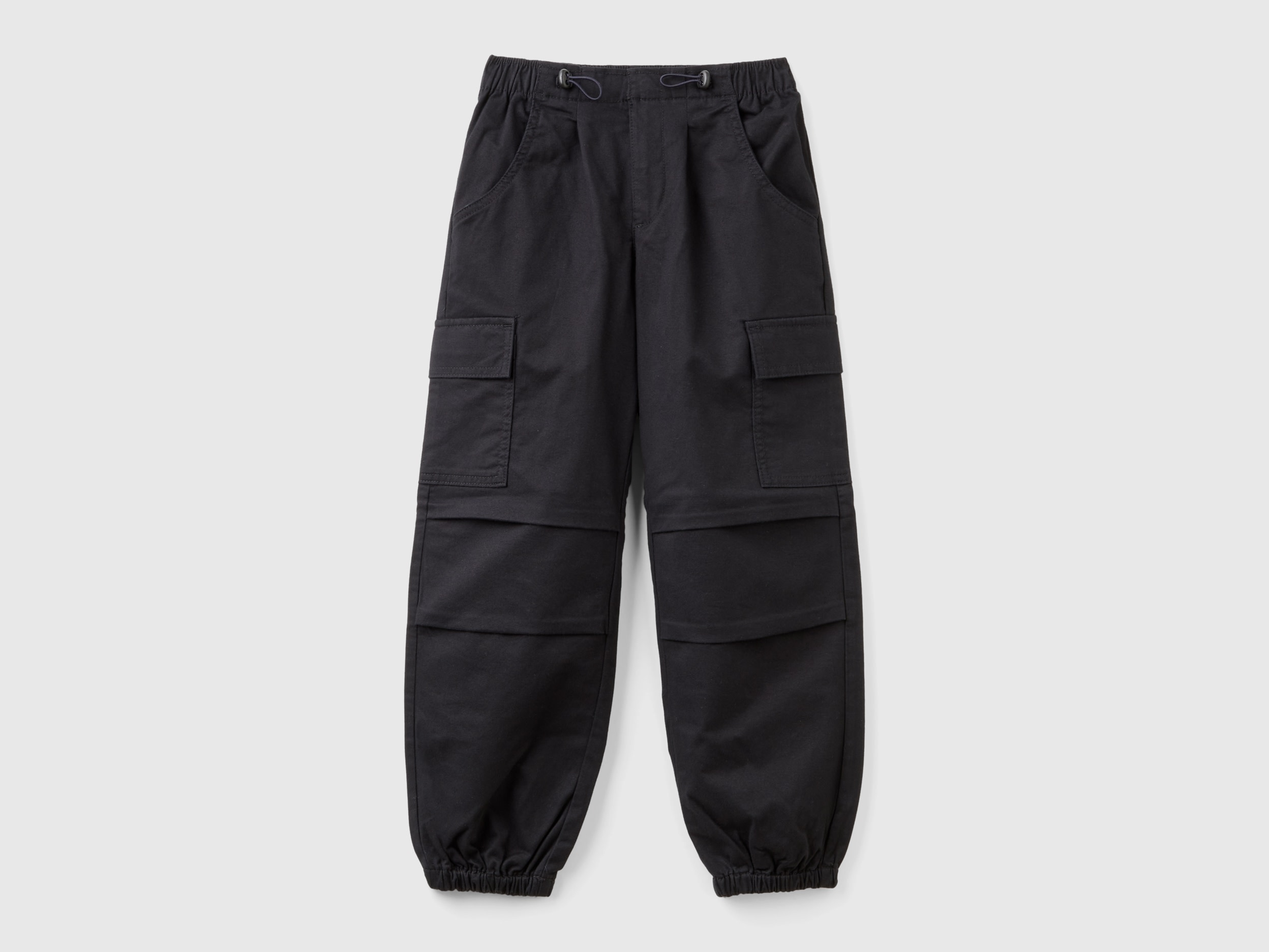 Benetton, Pantaloni Cargo In Cotone Stretch, Nero, Bambini