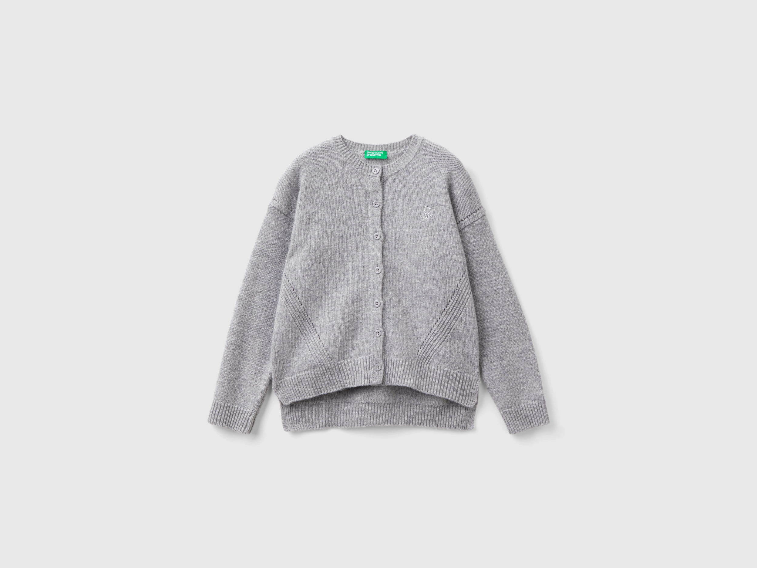 Benetton, Cardigan Mit Rundhalsausschnitt Und Strasslogo, size S, Hellgrau, female