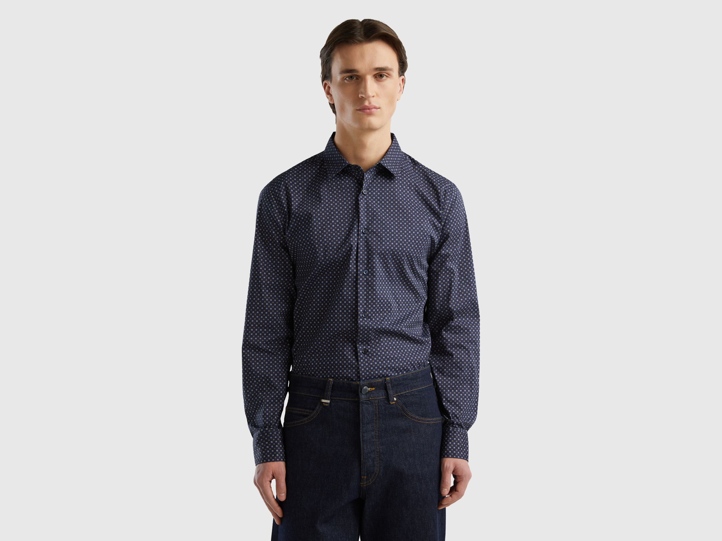 Benetton, Slim Fit Micro-patterned Shirt, size XS, Dark Blue, Men