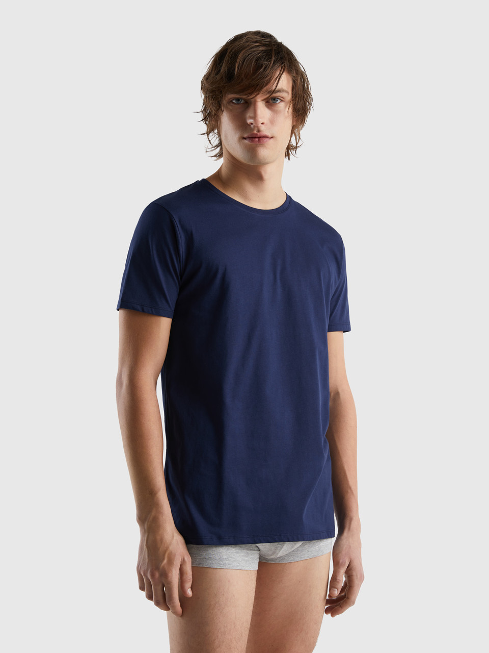 Benetton, T-shirt En Coton À Longues Fibres, Bleu Foncé, Homme