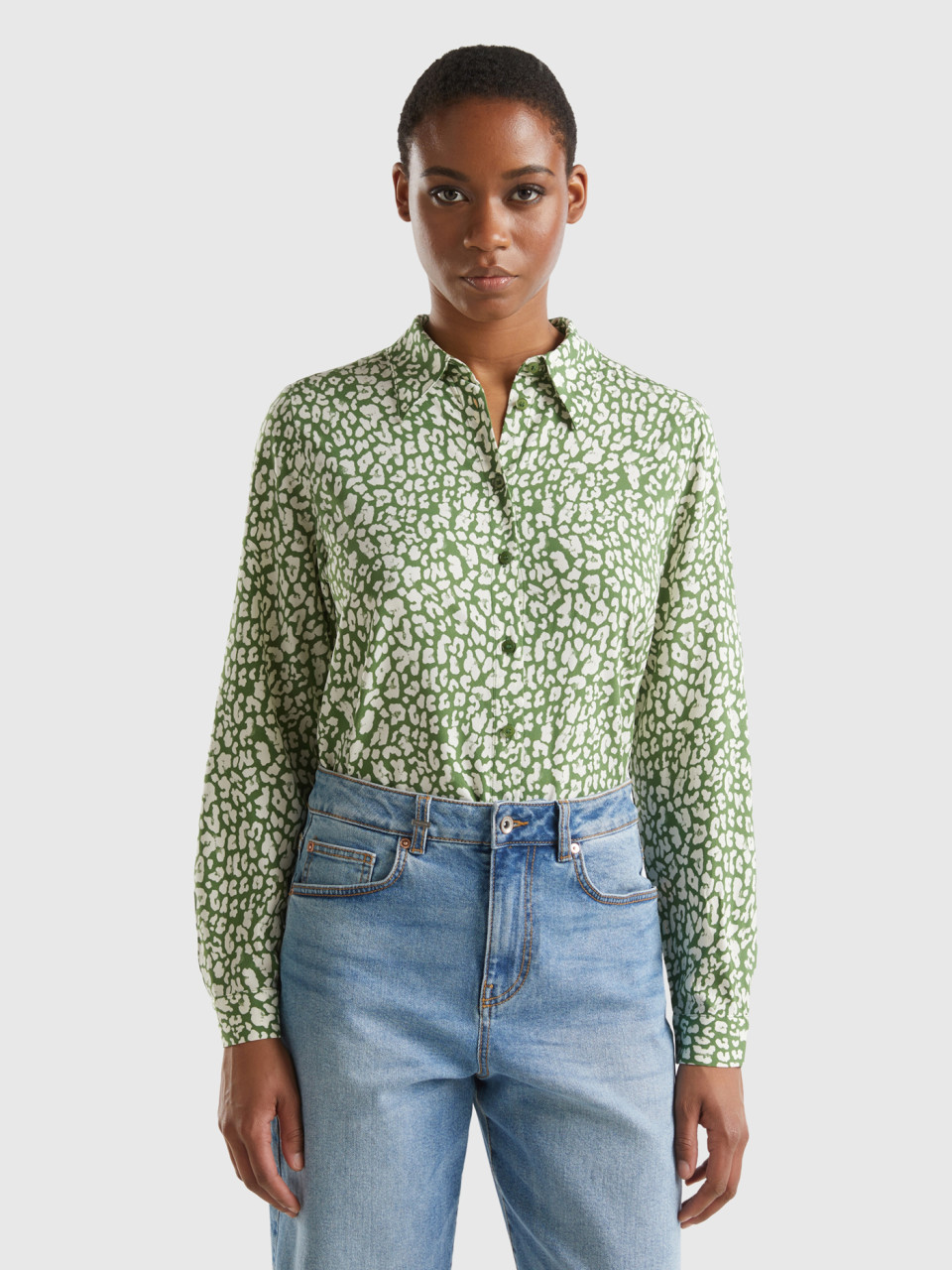 Benetton, Camisa Estampada De Viscosa Sostenible, Multicolor, Mujer