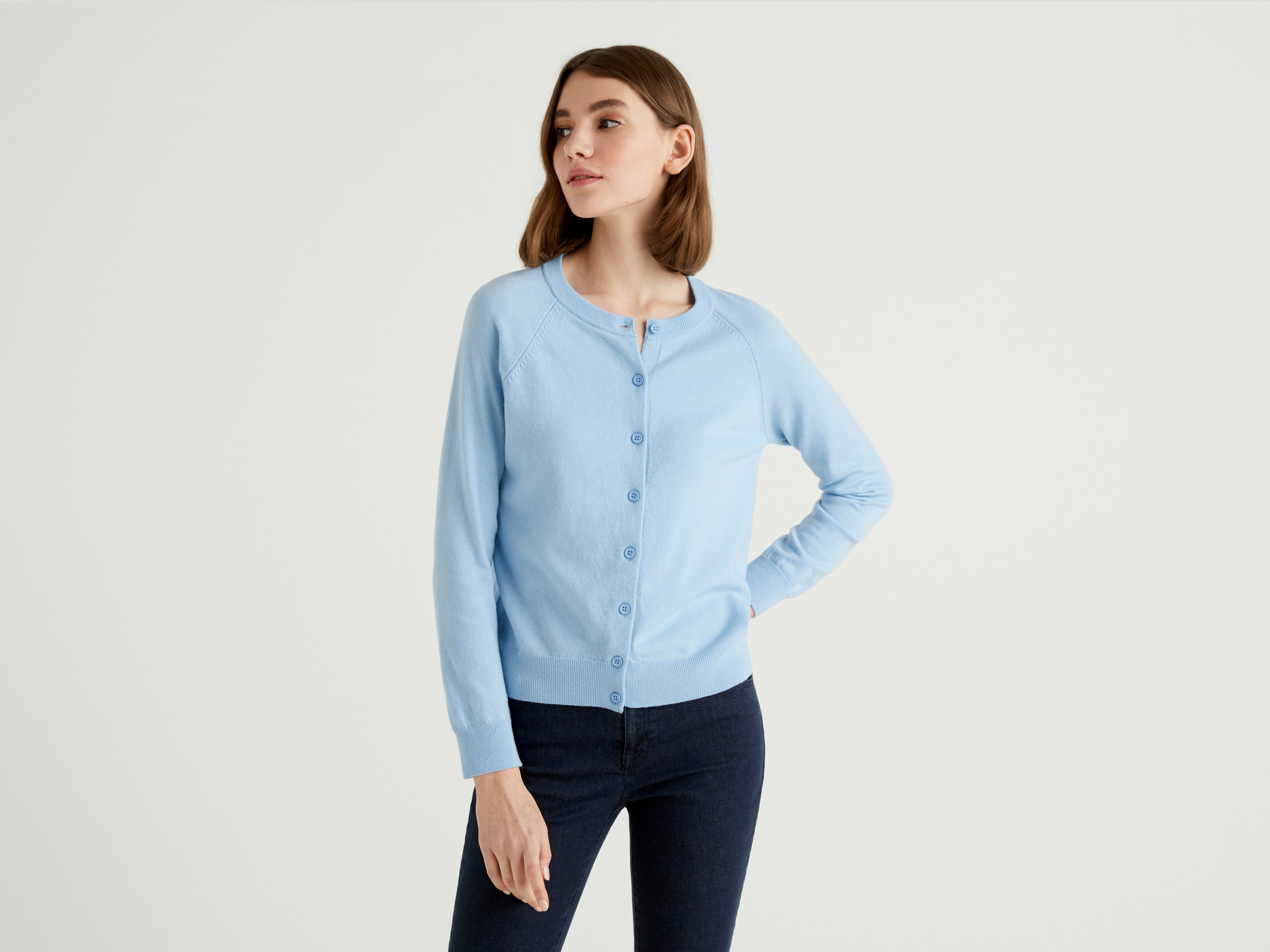 Benetton, Cardigan Azzurro In Misto Lana, Azzurro, Donna Benetton, Cardigan Azzurro In Misto Lana, Azzurro, Donna