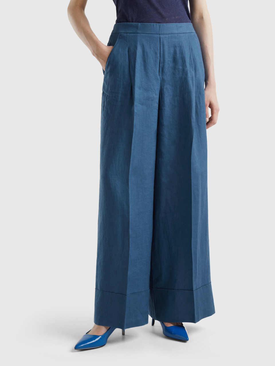 Benetton, Palazzo Trousers In 100% Linen, Air Force Blue, Women