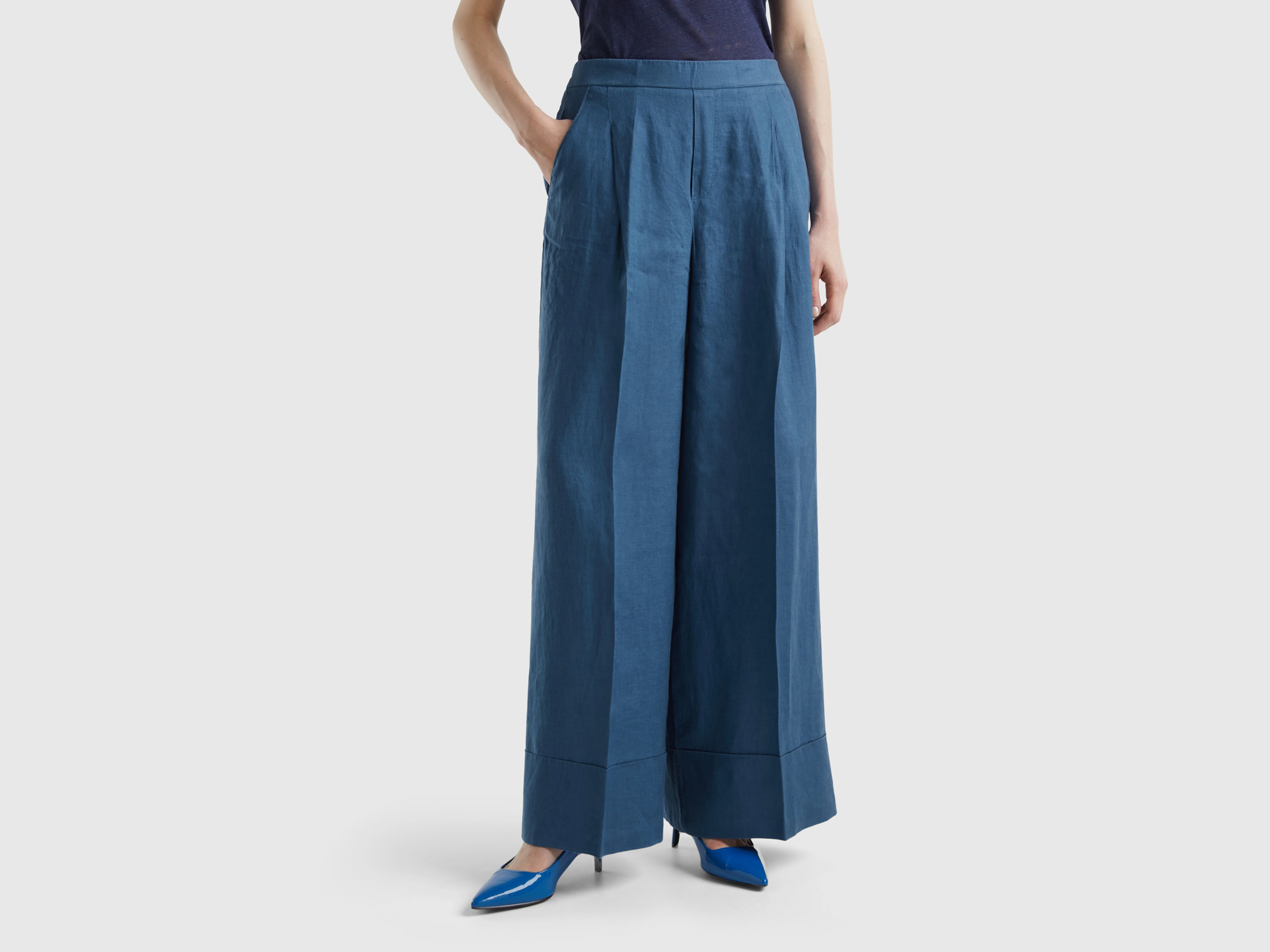 Benetton, Pantaloni Palazzo In 100% Lino, Avio, Donna