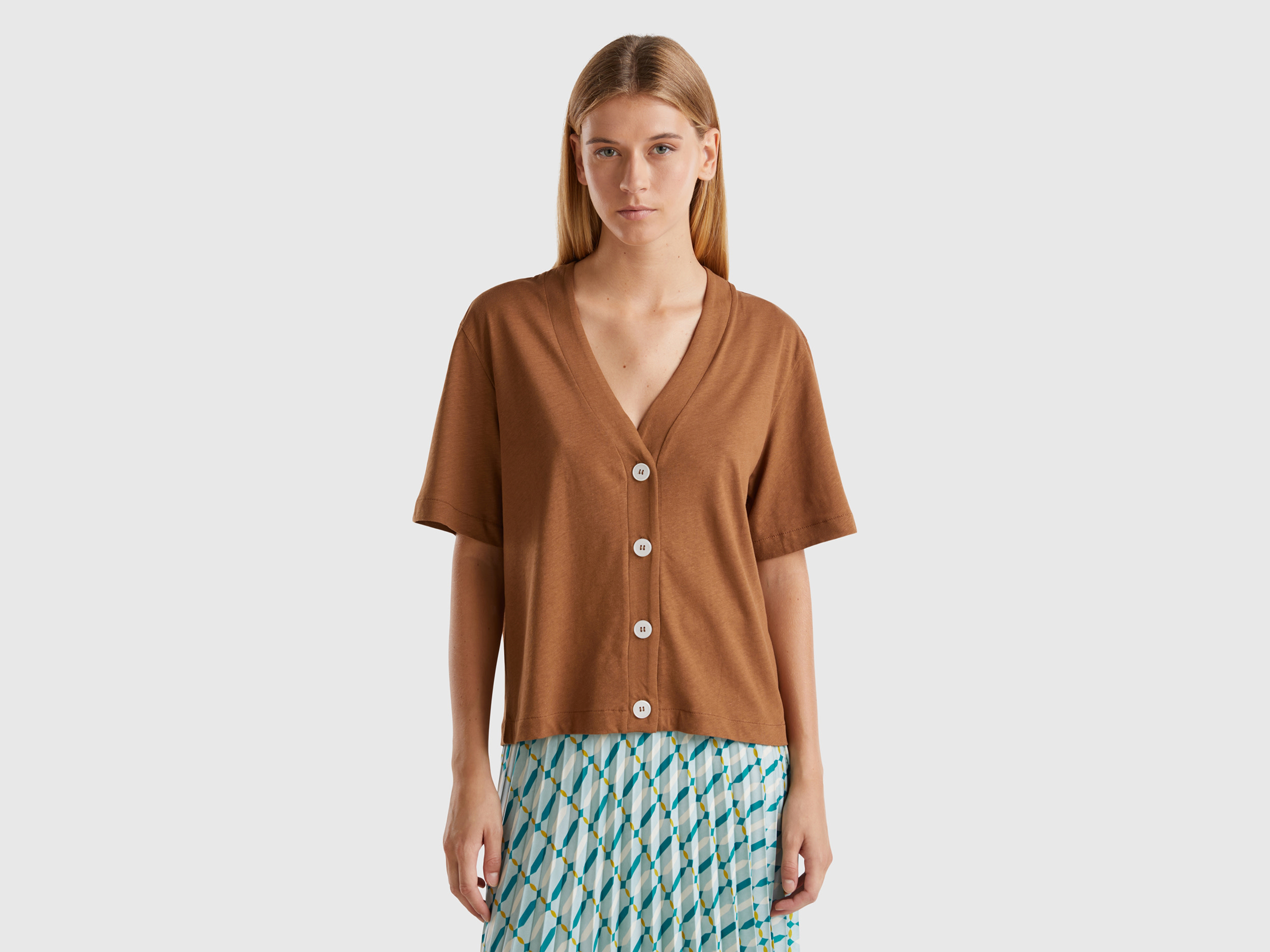 Benetton, T-shirt Stile Cardigan In Misto Lino, Marrone, Donna