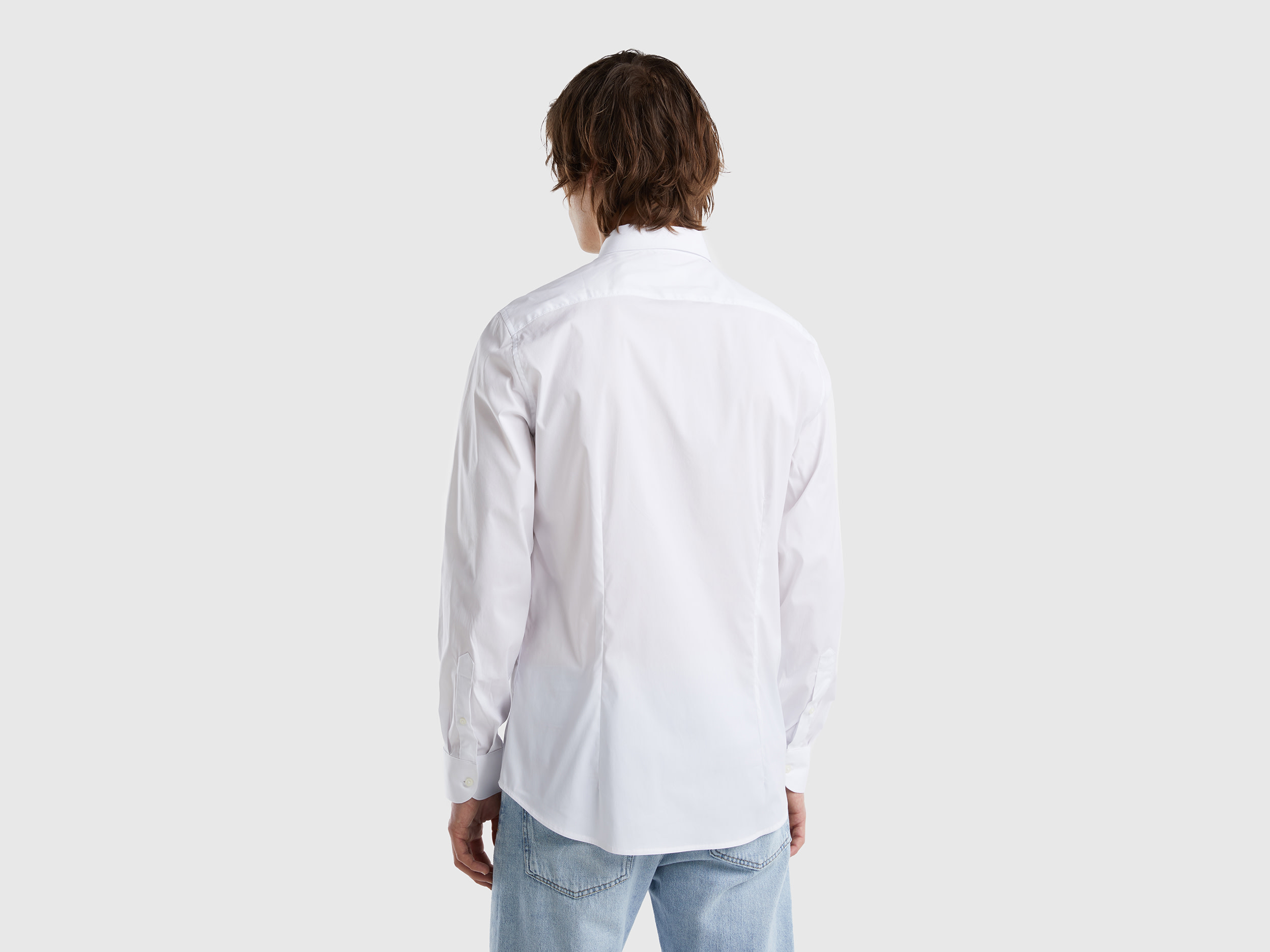 Benetton, Solid Color Slim Fit Shirt, Taglia Xxl, White, Men