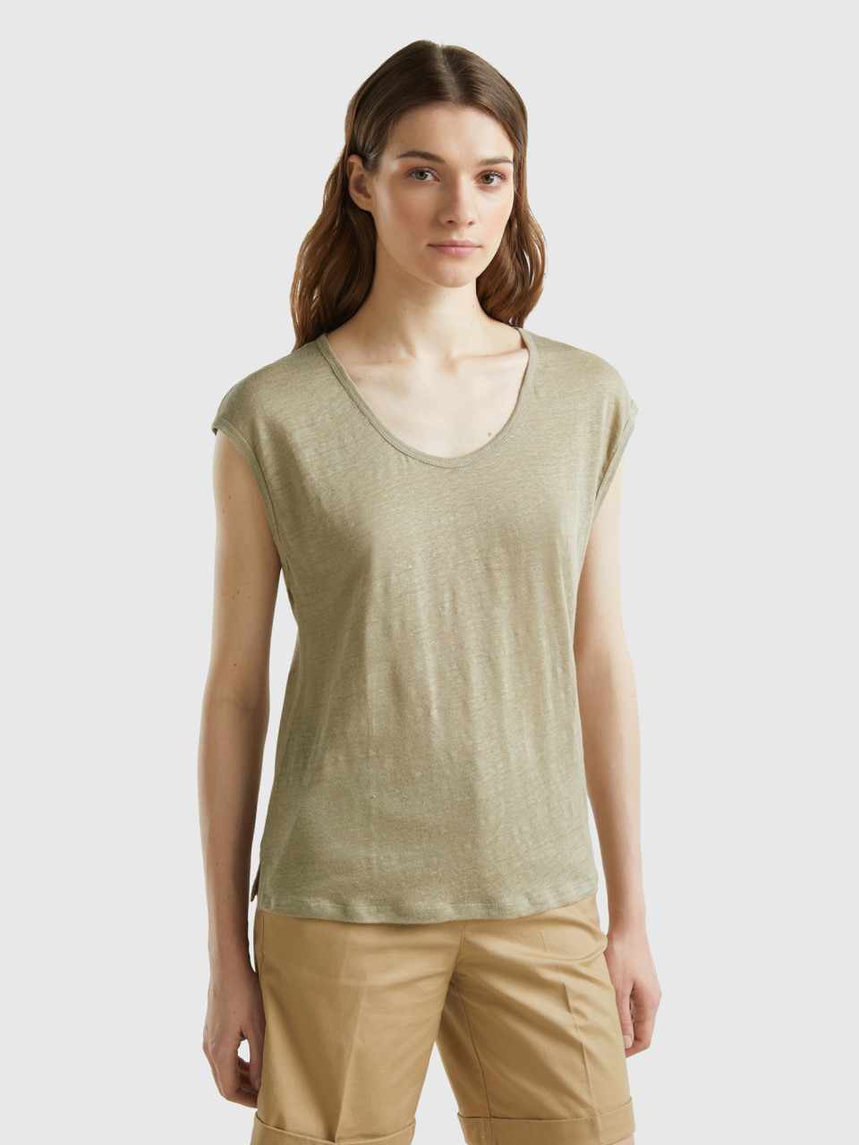 Benetton, Wide Neck T-shirt In Pure Linen, Light Green, Women
