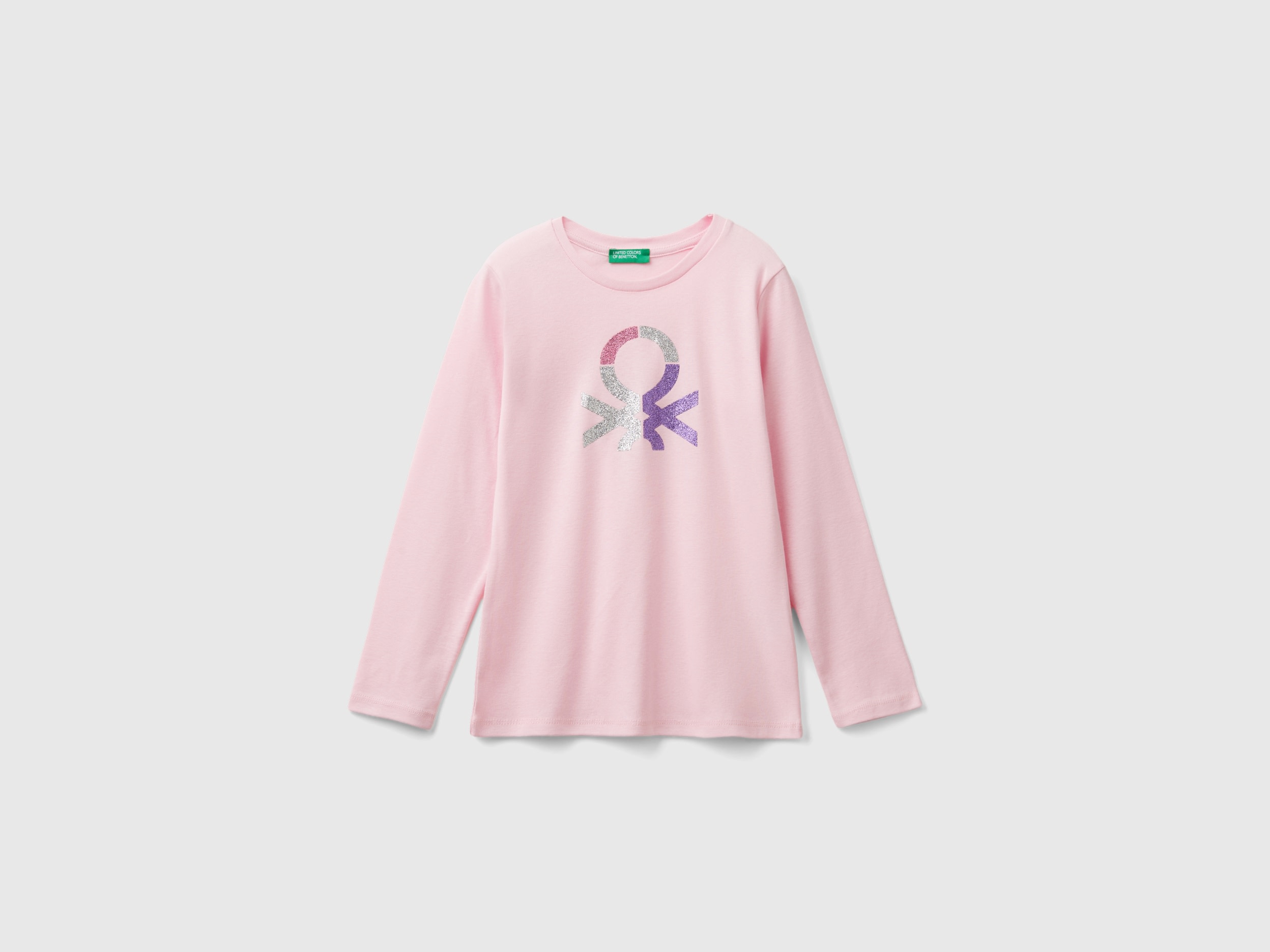 Benetton, T-shirt Manica Lunga Con Stampa Glitter, Rosa, Bambini