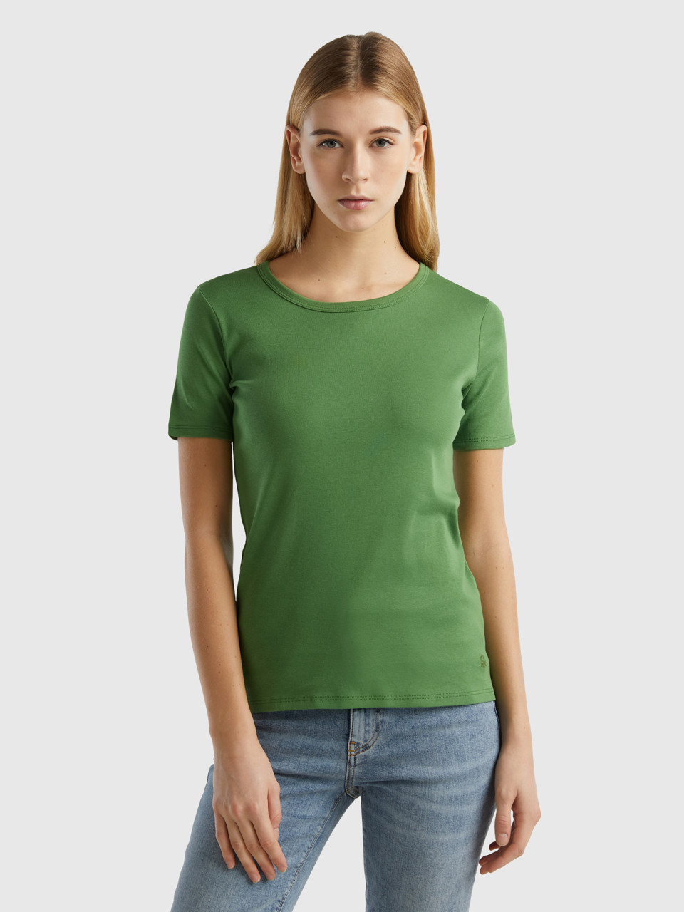 Benetton, T-shirt In Cotone A Fibra Lunga, Verde Militare, Donna