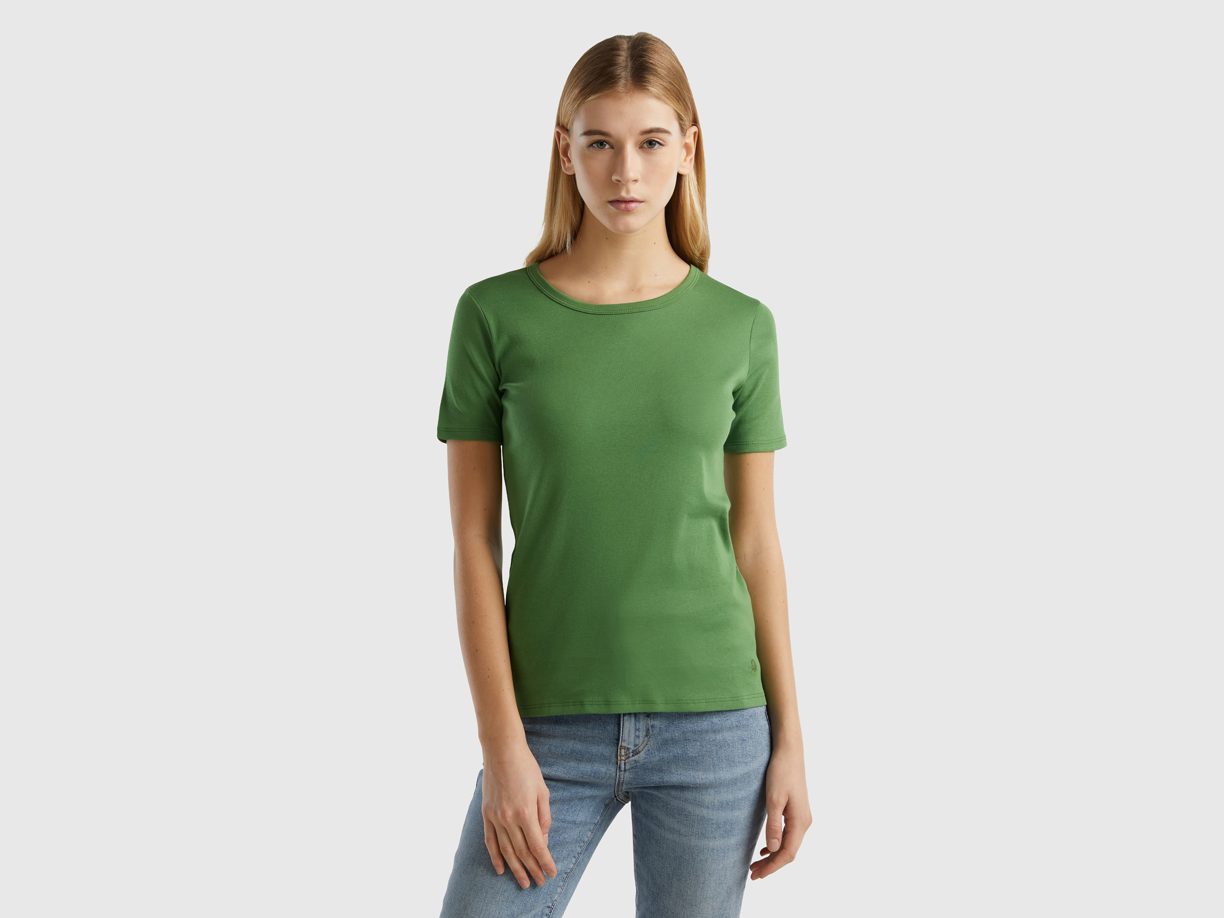 Benetton, T-shirt In Cotone A Fibra Lunga, Verde Militare, Donna