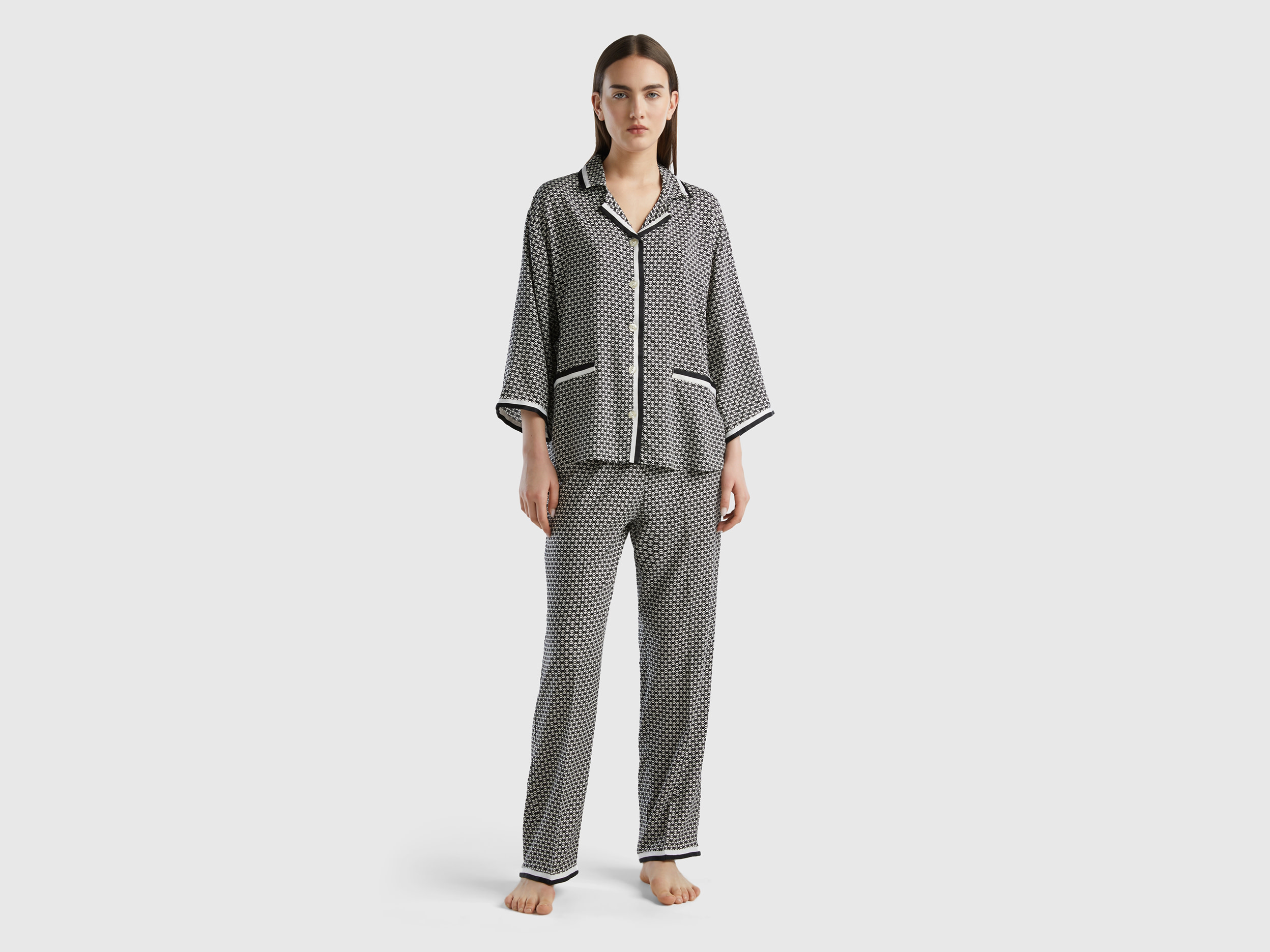 Benetton, Monogram Pyjamas In Sustainable Viscose, size S, Black, Women