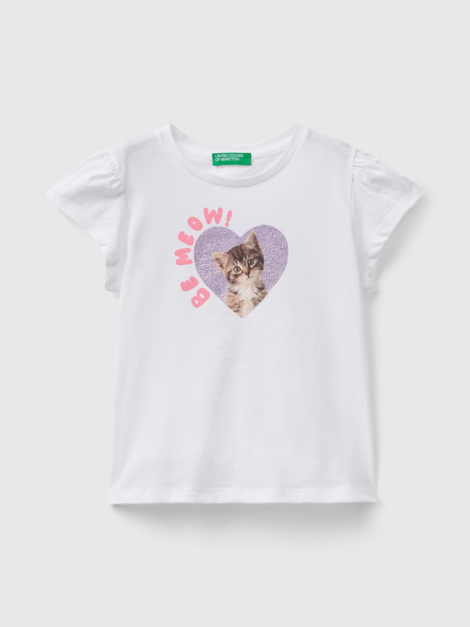 Benetton, T-shirt With Photo Print And Glitter, White, Kids