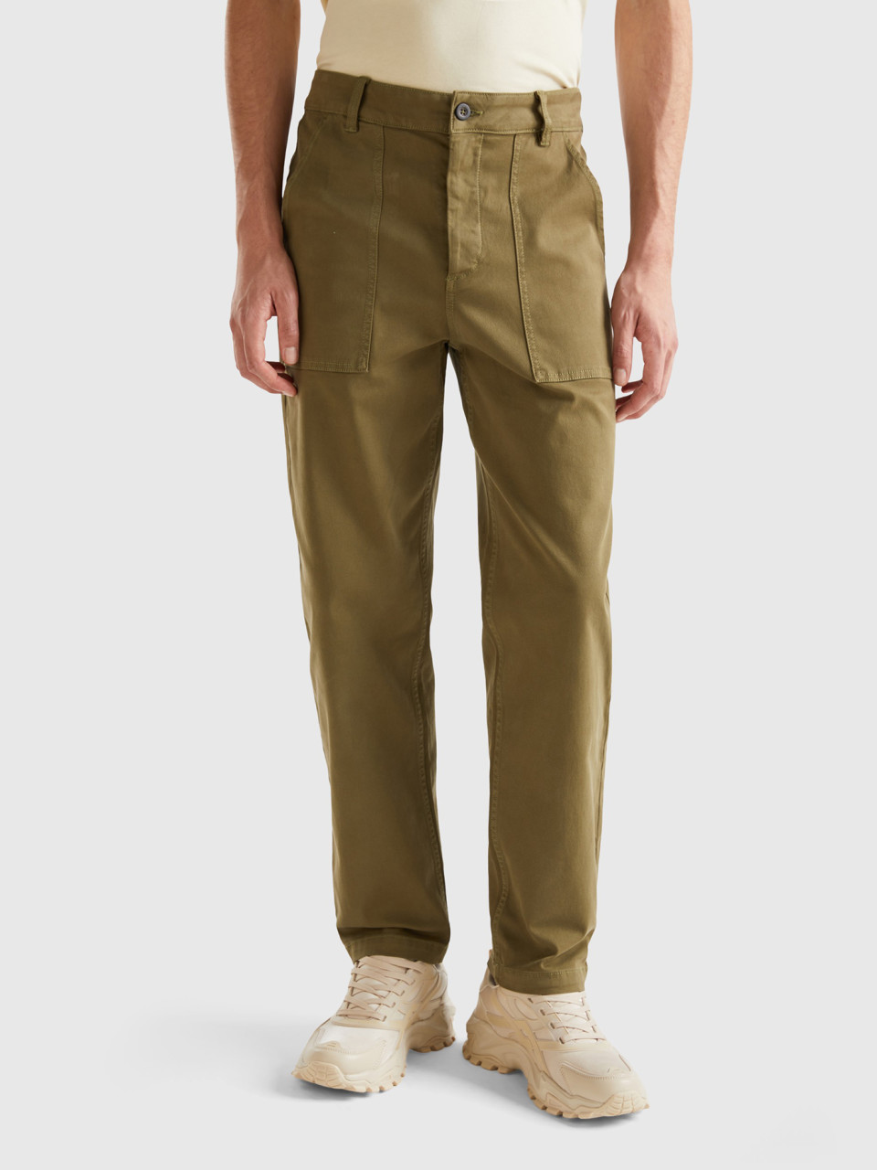 Benetton, Straight Trousers With Low Crotch, Military Green, Men