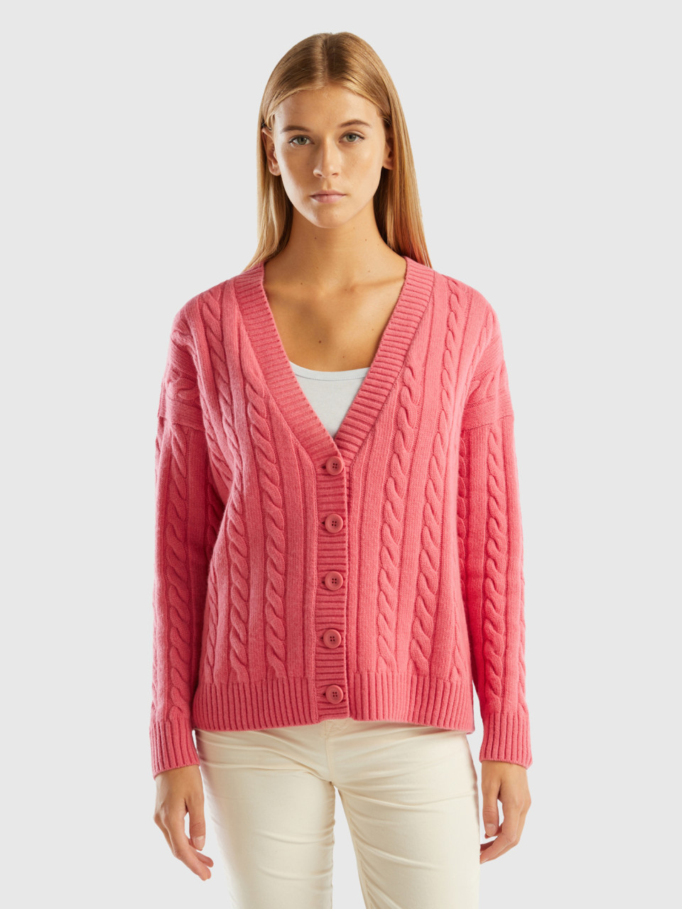 Benetton, Oversized Fit Cardigan With Cables, Pink, Women