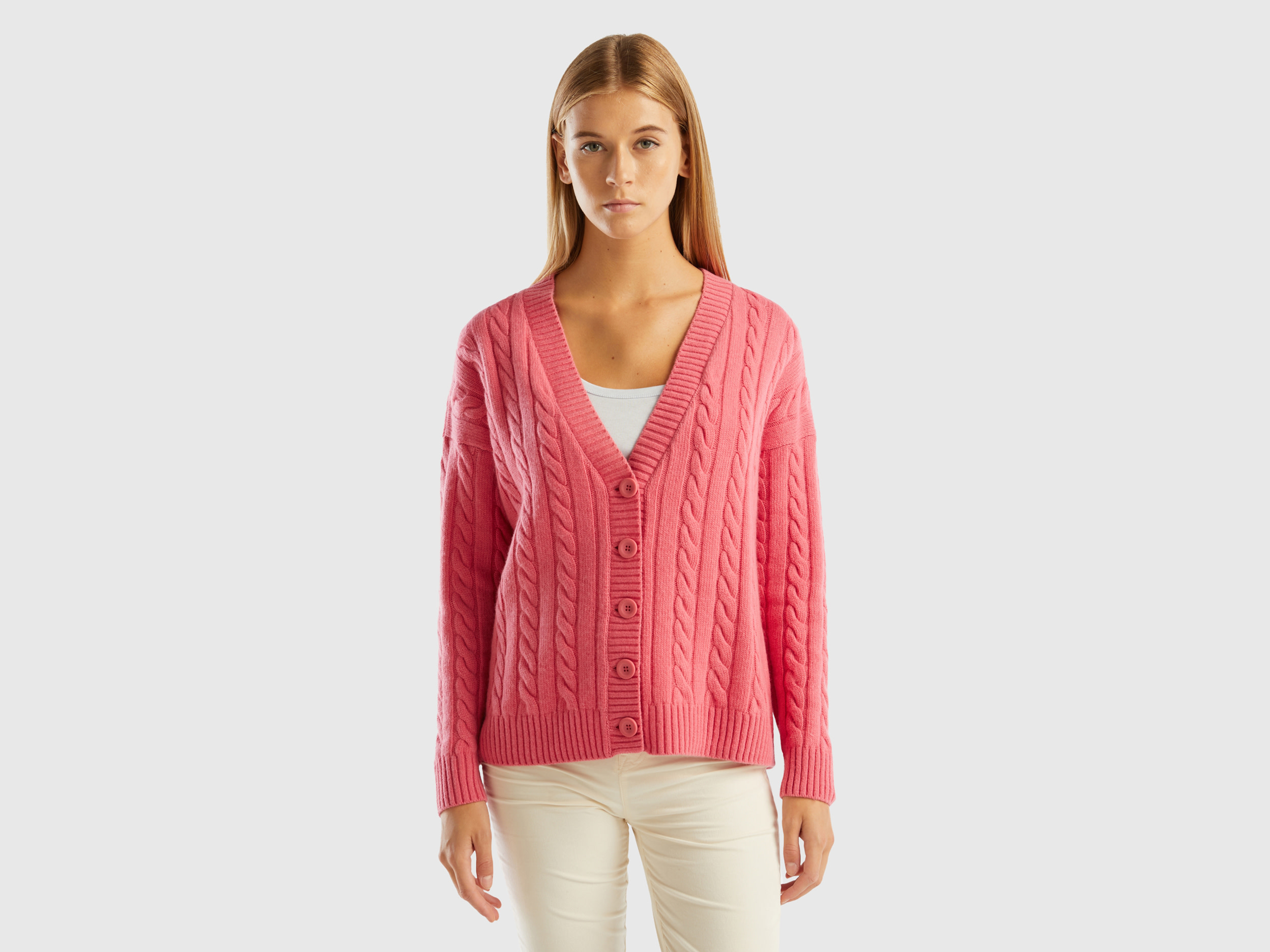 Benetton, Oversized Fit Cardigan With Cables, size XS-S, Pink, Women