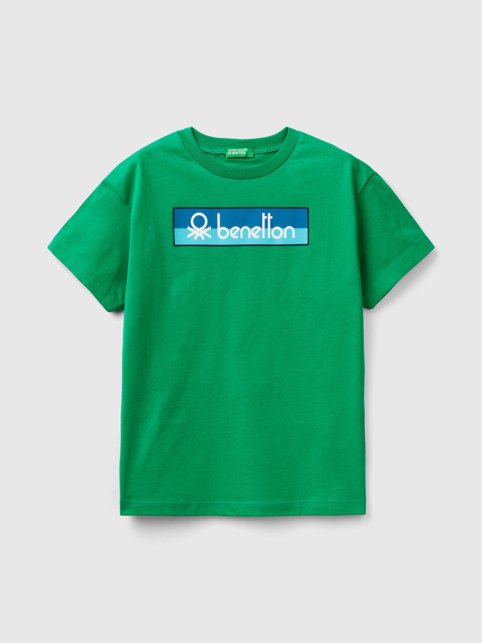 Benetton, T-shirt 100% Cotone Bio Con Logo, Verde, Bambini