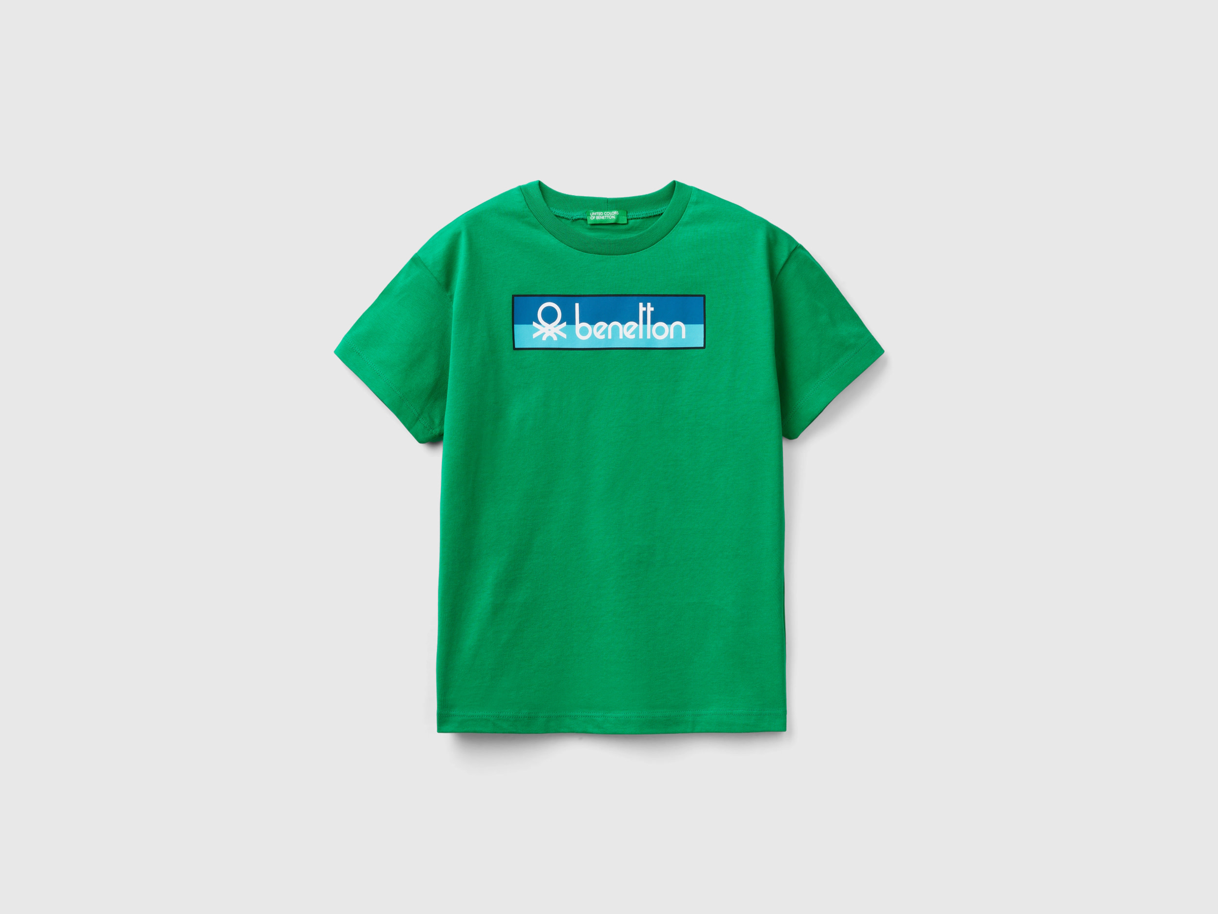 Image of Benetton, 100% Organic Cotton T-shirt With Logo, size S, Green, Kids