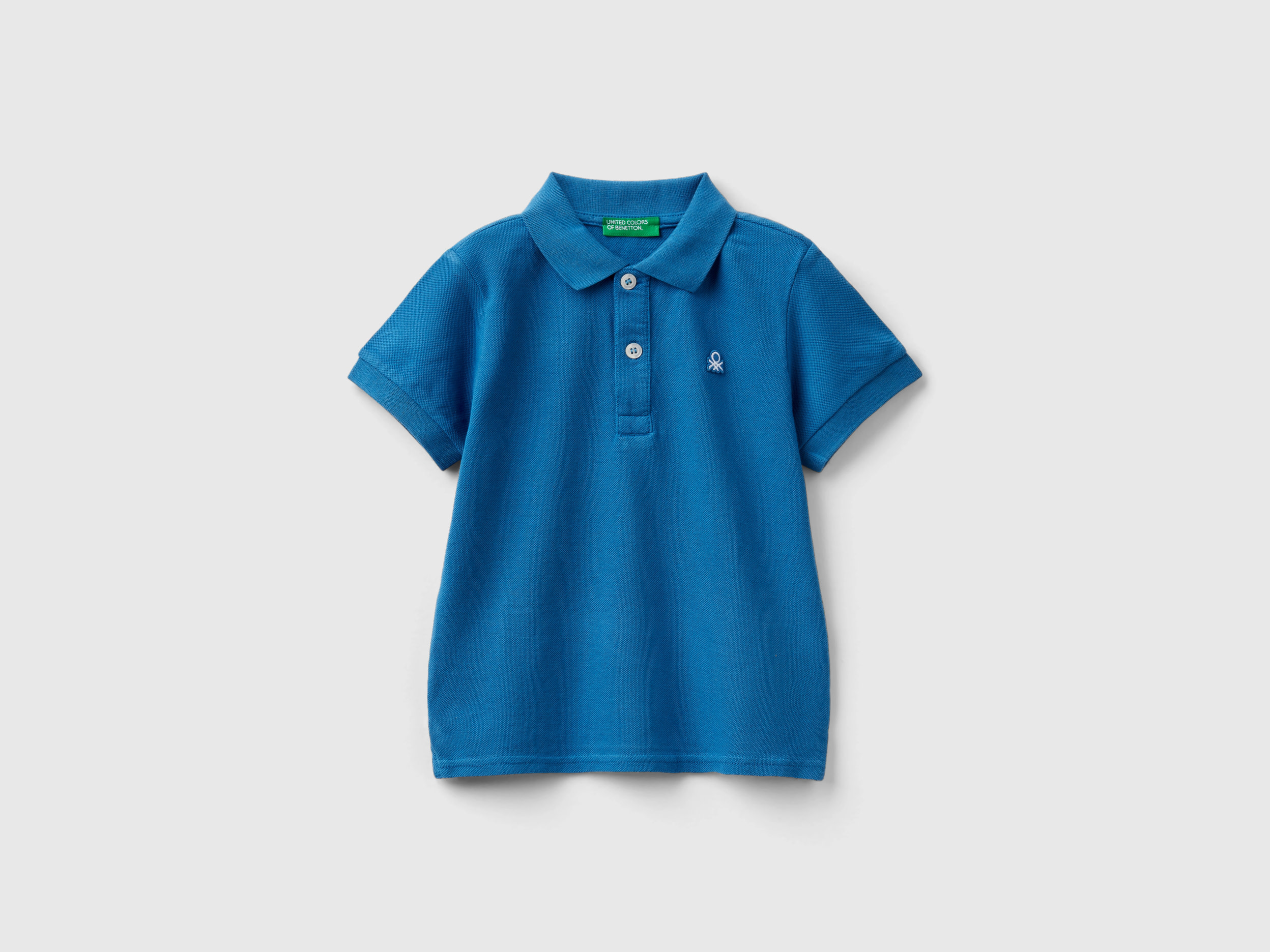 Image of Benetton, Short Sleeve Polo In Organic Cotton, size 110, Blue, Kids