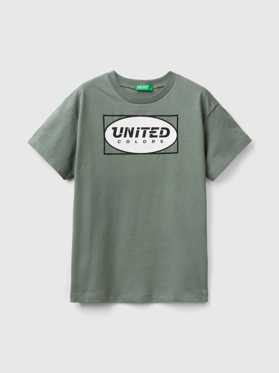 Benetton, T-shirt 100% Cotone Bio Con Logo, Verde Militare, Bambini