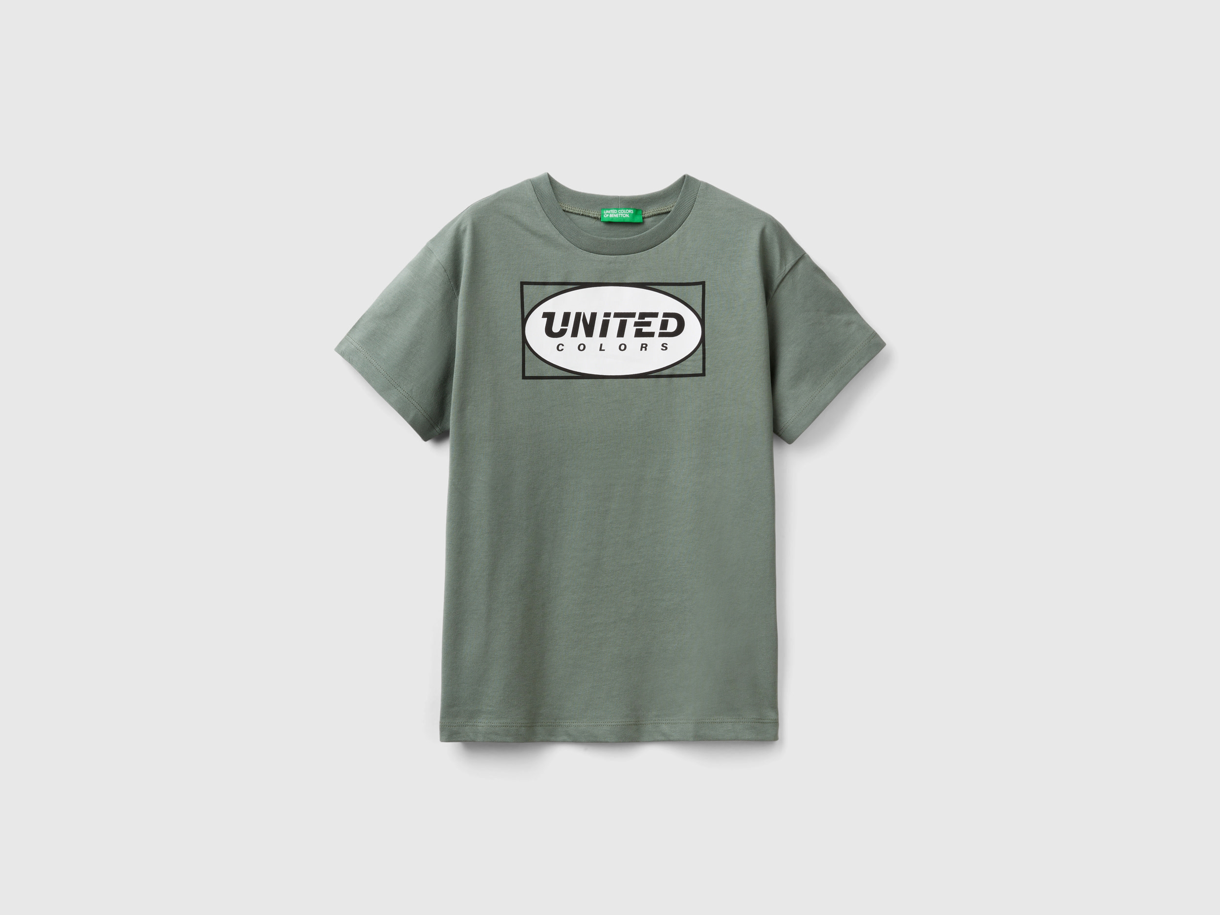 Image of Benetton, 100% Organic Cotton T-shirt With Logo, size S, Military Green, Kids